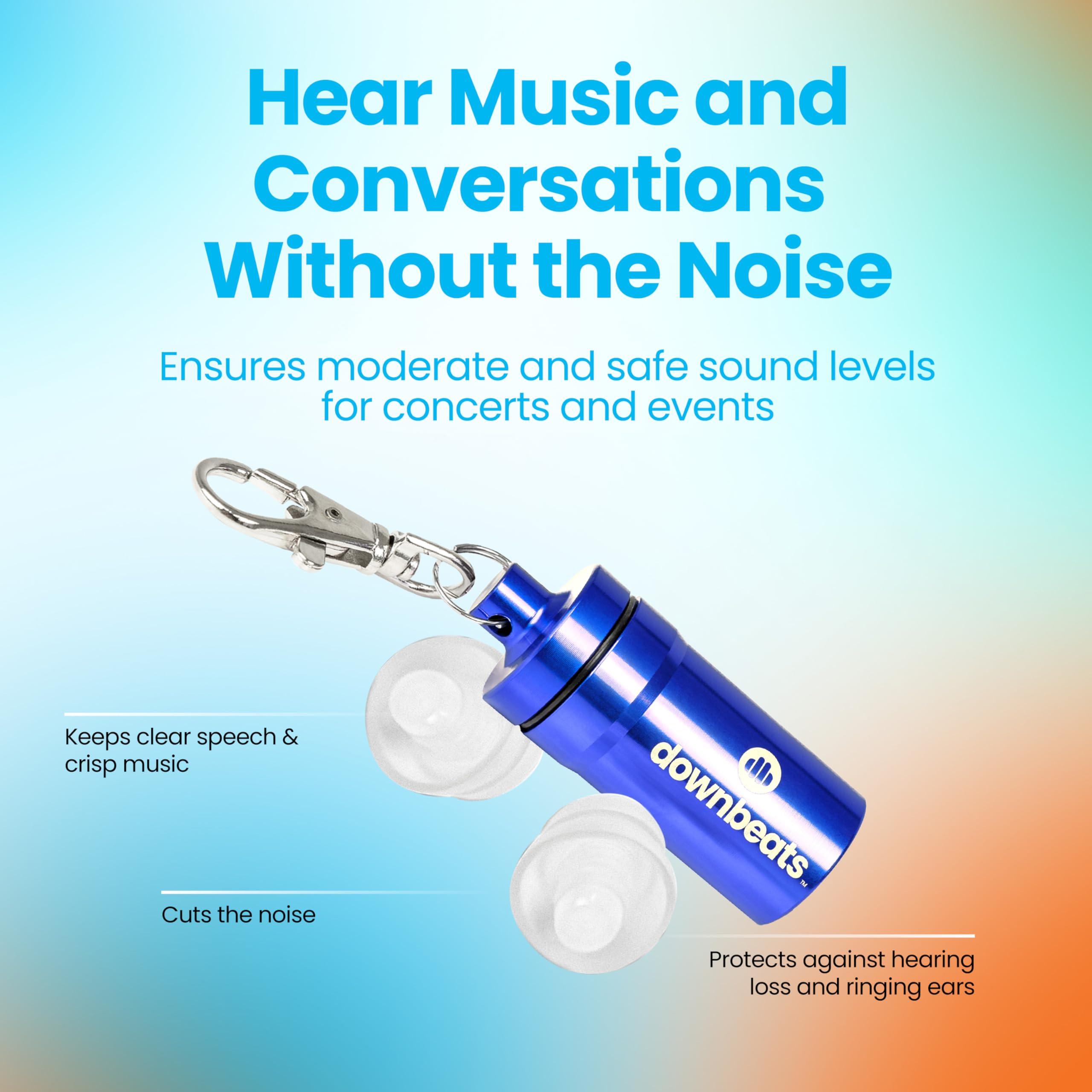 DownBeats High Fidelity Ear Plugs for Hearing Protection - Discreet, Clear Ear Plugs for Concerts, Festivals & Noisy Events - Up to 18dB Background Noise Reduction Reusable Ear Plugs - Comes with Aluminum Case