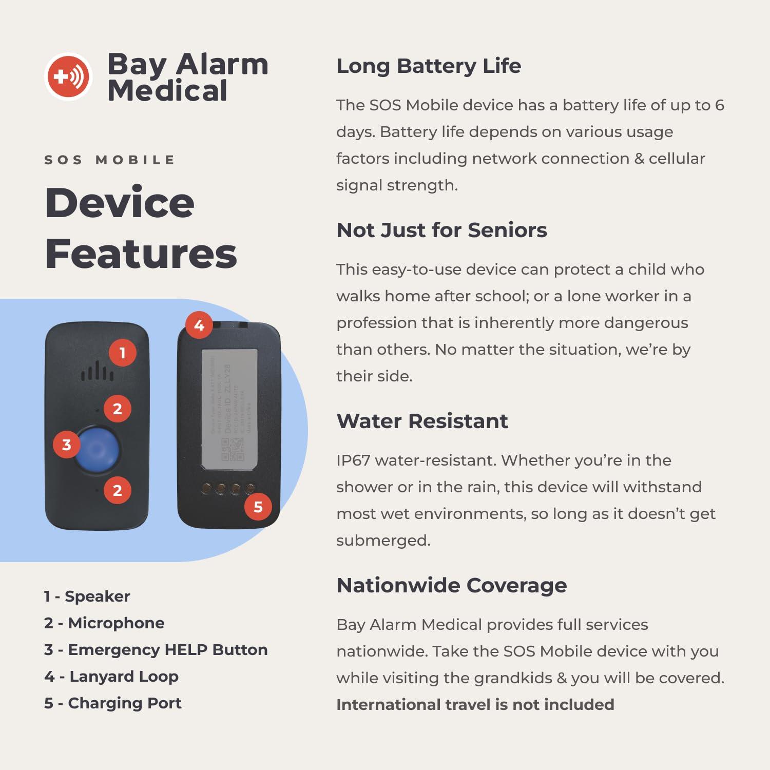 Bay Alarm Medical Bay Alarm Medical SOS Mobile GPS - 24/7 Medical Alert with Optional Fall Detection for Seniors - Call to Activate - 4G GPS Medical Alert System with Elderly Tracking - Panic Button for Seniors