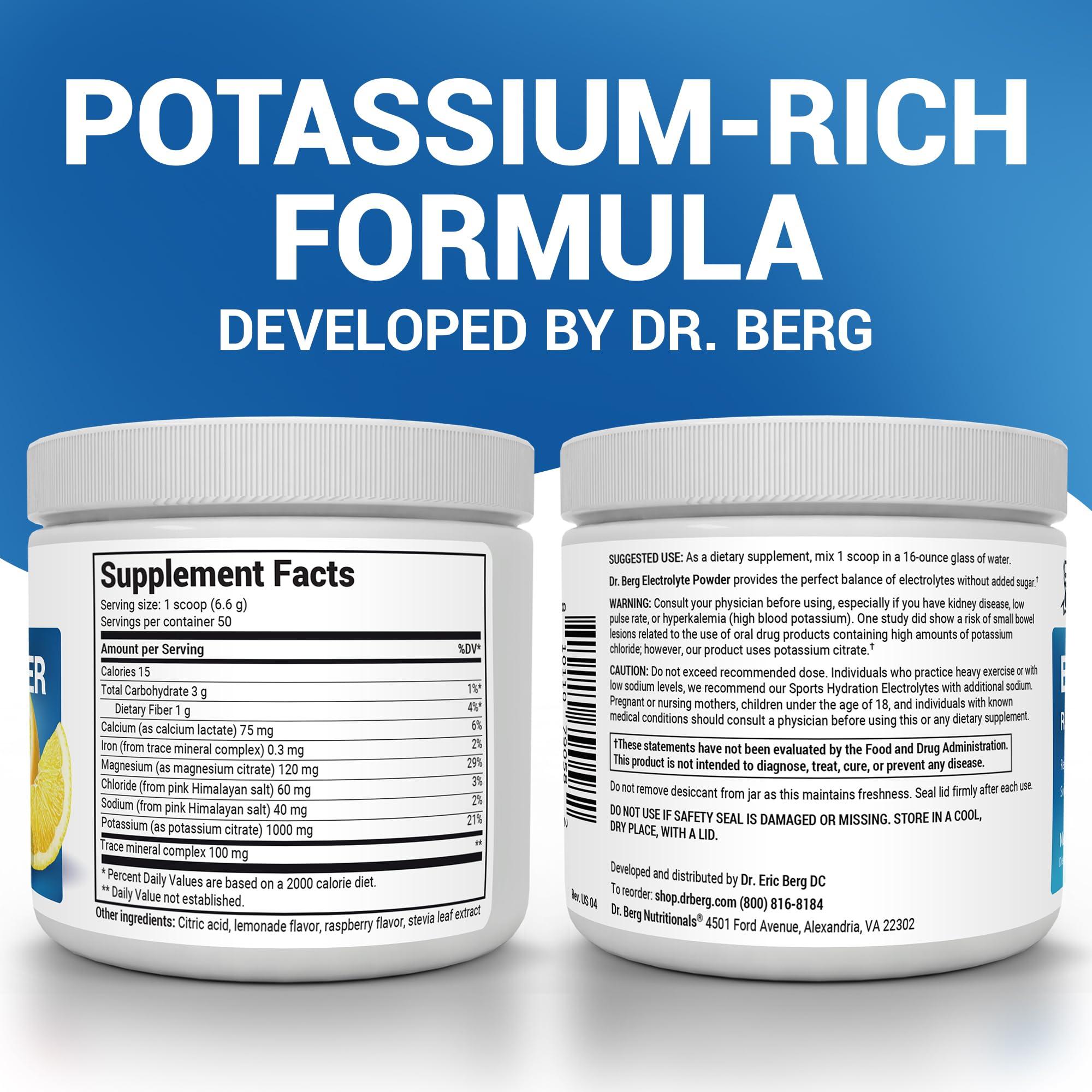 Dr. Berg Nutritionals Dr. Berg Zero Sugar Hydration Keto Electrolyte Powder - Enhanced w/ 1,000mg of Potassium & Real Pink Himalayan Salt (NOT Table Salt) - Raspberry & Lemon Flavor Hydration Drink Supplement - 50 Servings