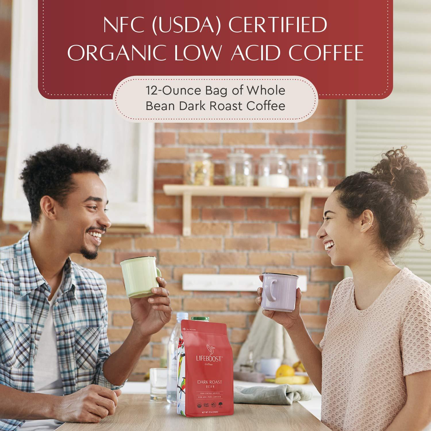 LIFEBOOST Lifeboost Coffee Dark Organic Coffee Beans - Dark Roast Low Acid Coffee Beans - Single Origin Non-GMO Organic Coffee - Third Party Tested For Mycotoxins & Pesticides - Whole Bean - 12 Ounces