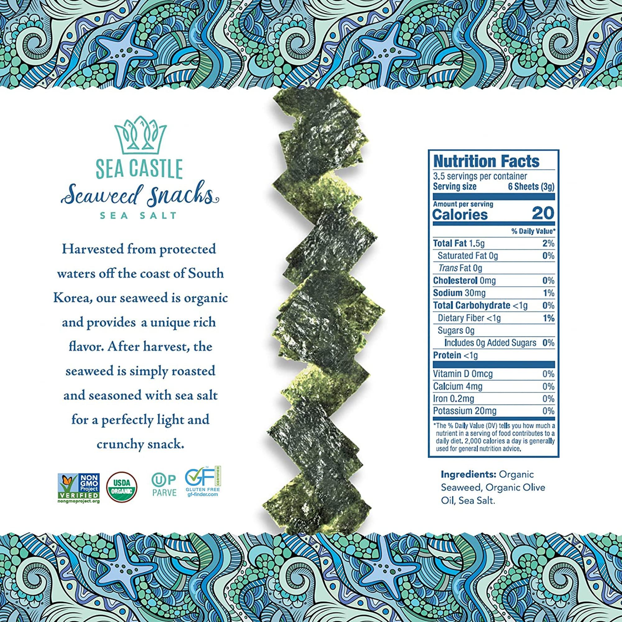 Sea Castle Sea Castle Organic Roasted Seaweed Snack with Sea Salt .18oz. (3 Pack) Gluten Free, Keto Friendly, Non GMO Verified, Kosher