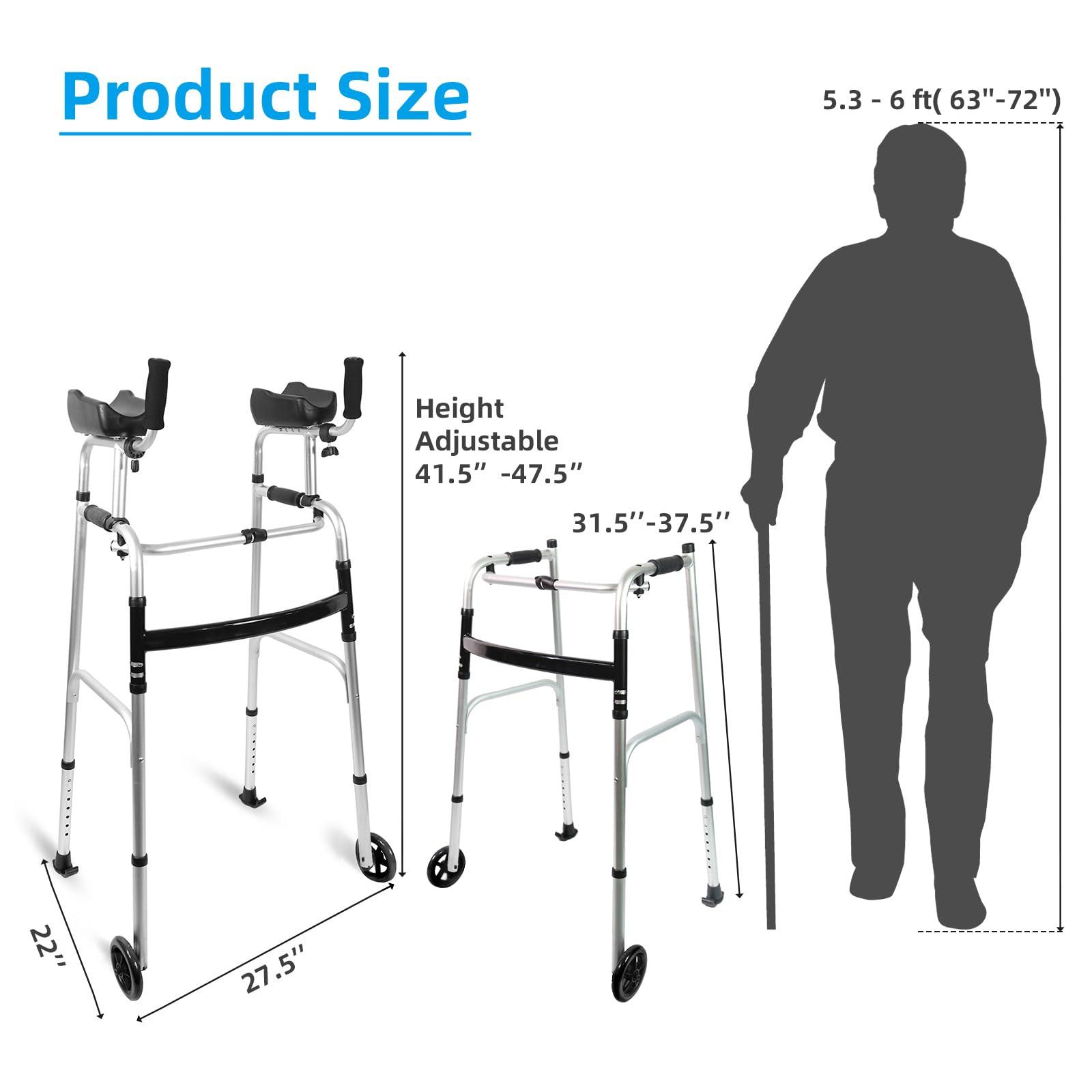 EasyVibe Foldable Stand IP Walker with Armrest Pad - Height Adjustable Aluminum Walkers, Standard Walker for Seniors, Elderly, Handicap, Platform Walker with Arm Support, Standing Upright Walker, Silver