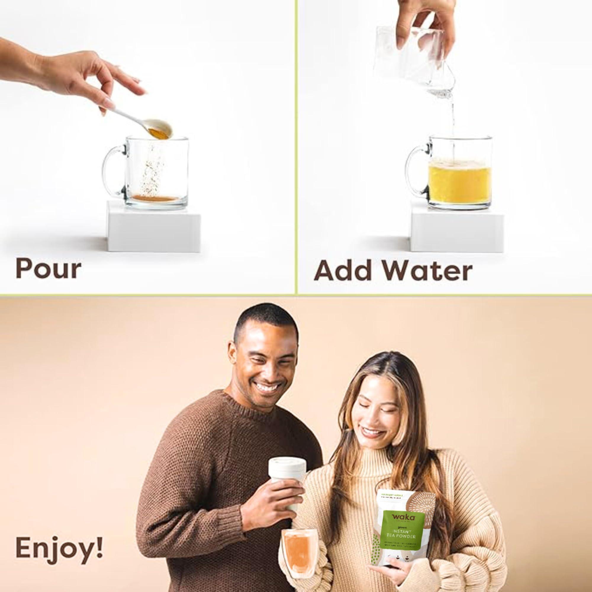 Waka Coffee Waka Premium Instant Dark Roast Coffee (8 Single-Serve Packets) & No Sugar Added Green Tea Powder (200 Cups)