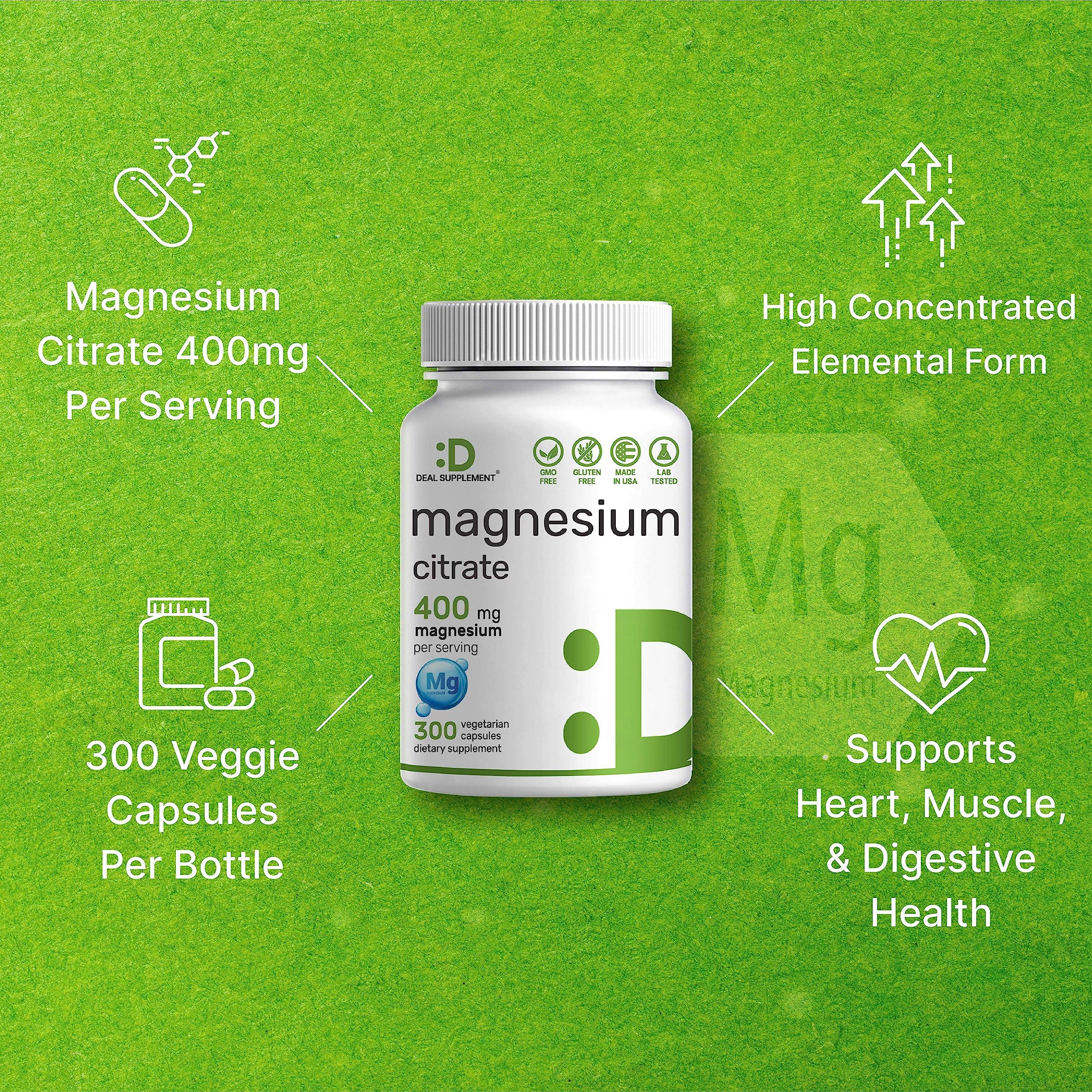 DEAL SUPPLEMENT Magnesium Citrate 400mg Per Serving, 300 Veggie Capsules Chelated, Easily Absorbed, Purified Trace Mineral Muscle, Heart, & Digestive Support Non-GMO
