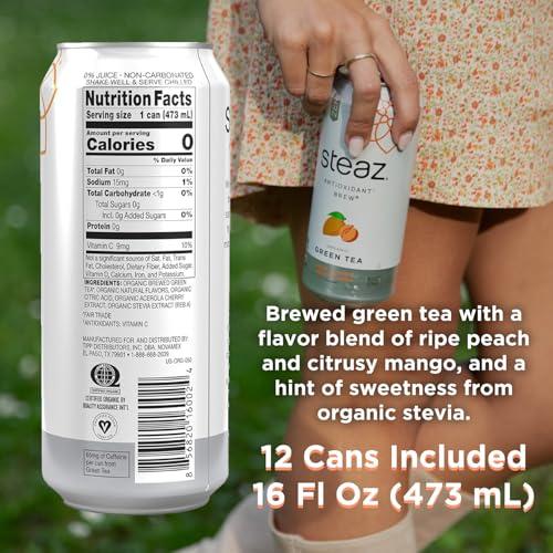 Steaz Steaz - Organic Green Tea - Zero Calorie Peach Mango (12 Pack) - Antioxidant Brew - 65mg Natural Caffeine, Vitamin C - Stevia Sweetened Iced Tea - Vegan, Fair Trade - 12 Cans, 16 fl oz (473mL)