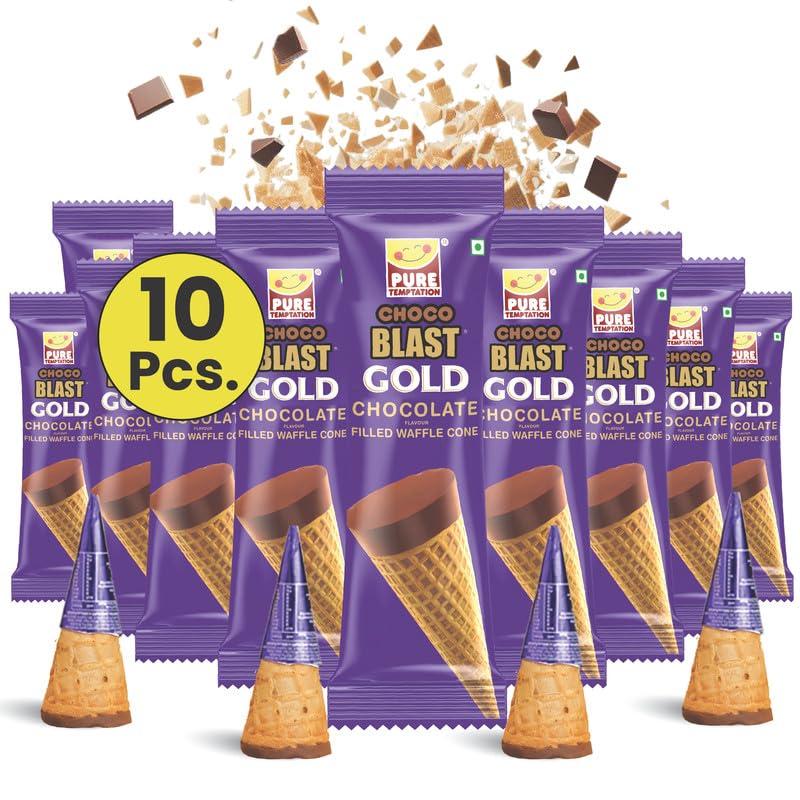 Pure Temptation Pure Temptation Gold Chocoblast Waffle Cones [10 Pieces] Snacks for Kids & Adults - Non-Meltable Chocolate Gift Box - Individually Wrapped Chocolate-Filled Waffle Cones Bites for Christmas Gifts