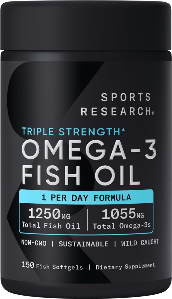 Sports Research Sports Research Triple Strength Omega 3 Fish Oil - Burpless Fish Oil Supplement w/EPA & DHA Fatty Acids from Wild Caught Fish - Heart, Brain & Immune Support for Men & Women - 1250 mg, 150 ct