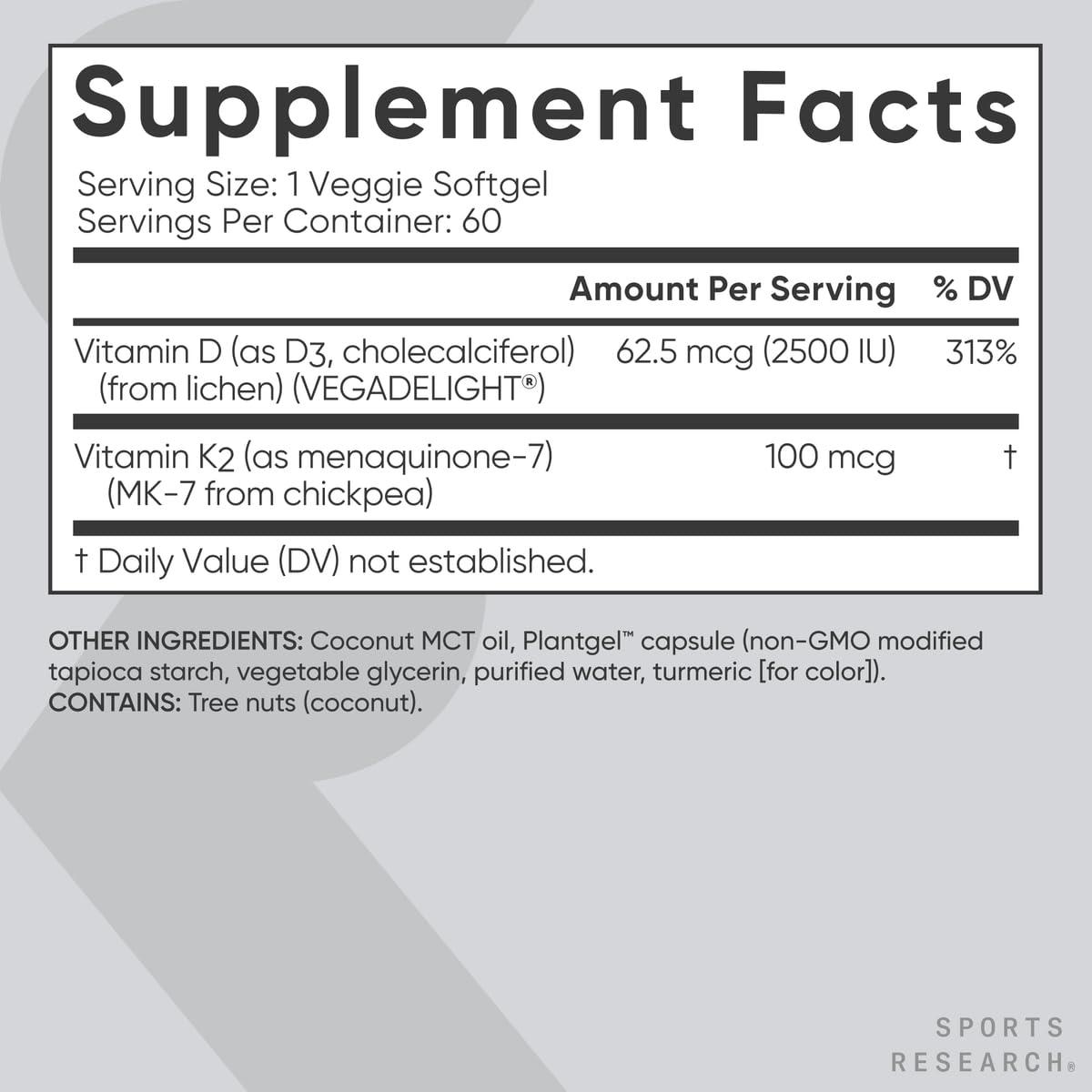 Sports Research Sports Research Vitamin D3 + K2 with Coconut MCT Oil | Vegan D3 2500iu (62.5mcg) & Plant Based Vitamin K2 Supplement | Vegan Certified, Soy & Gluten Free - 60 Softgels
