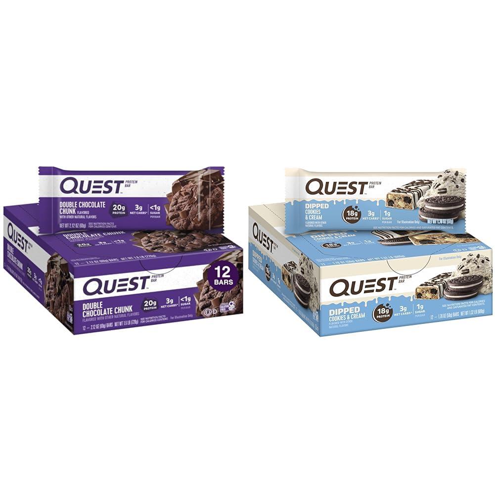 Quest Nutrition Quest Double Chocolate Chunk & Dipped Cookies & Cream Protein Bars Bundle, High Protein, Gluten Free, Keto Friendly, 12 Count