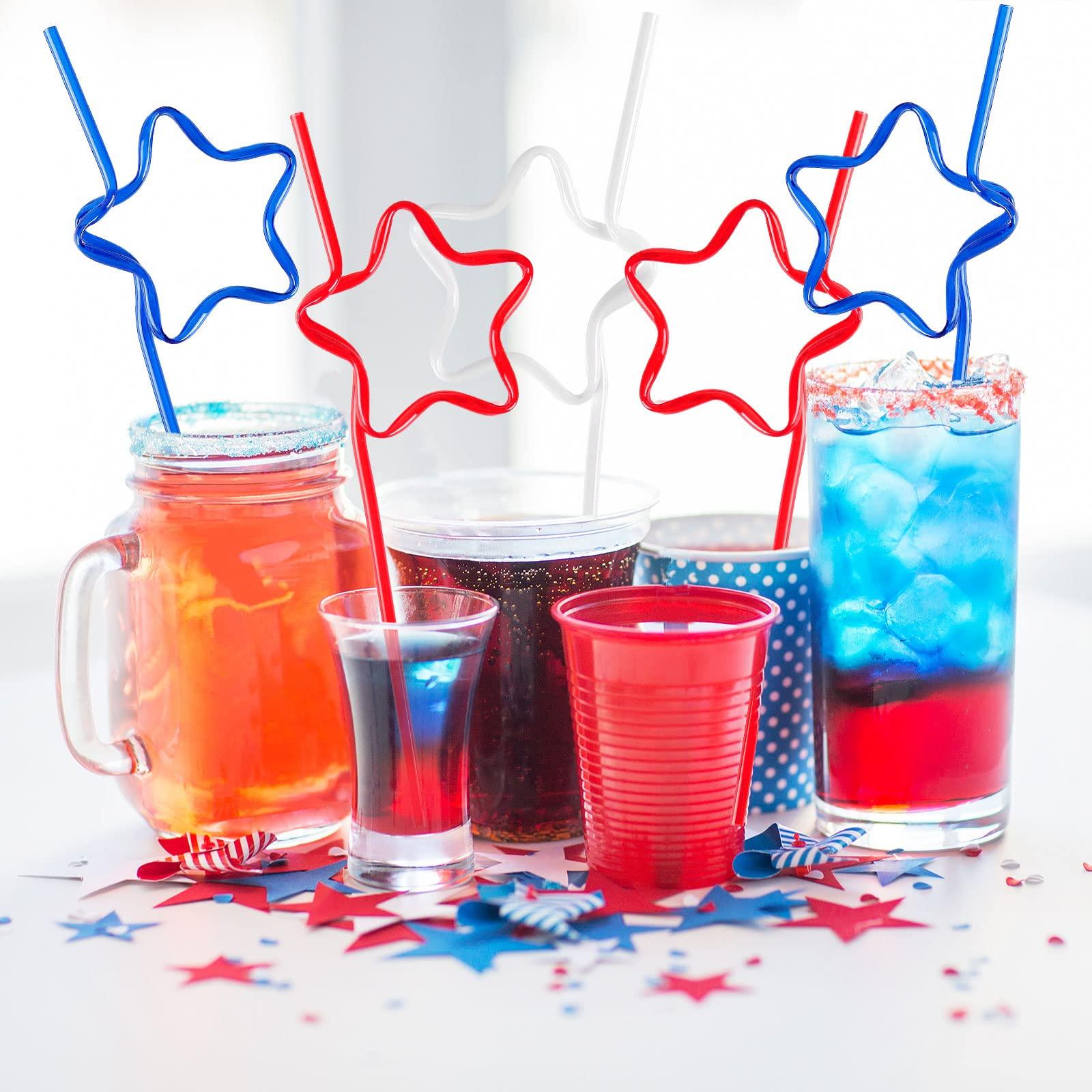 Quera Quera 30 pcs Star Crazy straws 4th of JULY Red White Blue Silly Straws Patriotic Loop Straws Reusable BPA-Free Plastic Drinking Straws Silly Colorful Drinking Straws for Kids Birthday Party Supplies