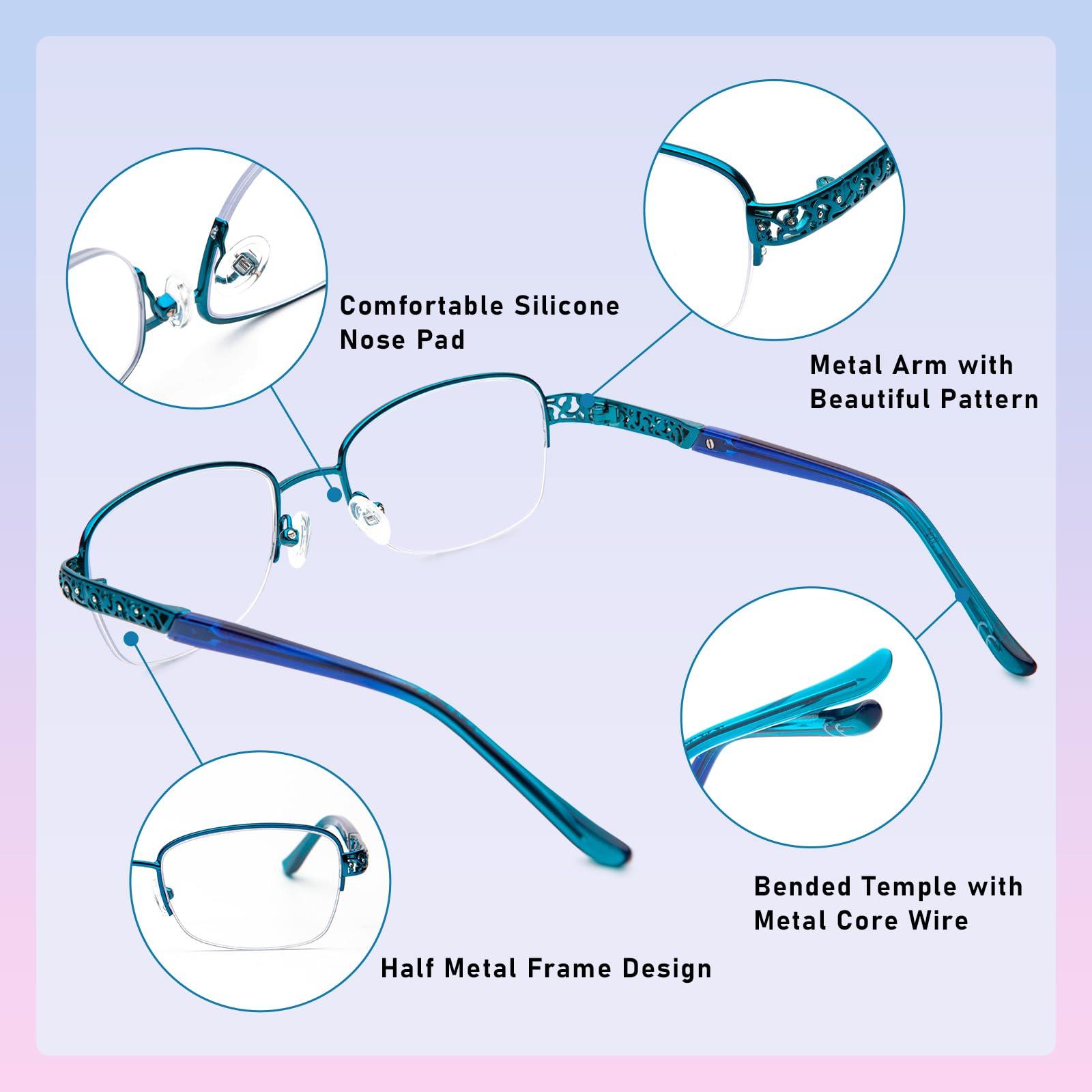 DEHOTRE DEHOTRE Progressive Multifocal Reading Glasses Women No Line Bifocal Readers with Nose Pad Metal Half Frame Mid-Near Range 3ft Blue 2.75