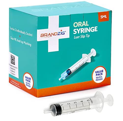 BRANDZIG 5ml Oral Syringes - 100 Pack – Luer Slip Tip, No Needle, Individually Blister Packed - Medicine Administration for Infants, Toddlers and Small Pets (No Cover)