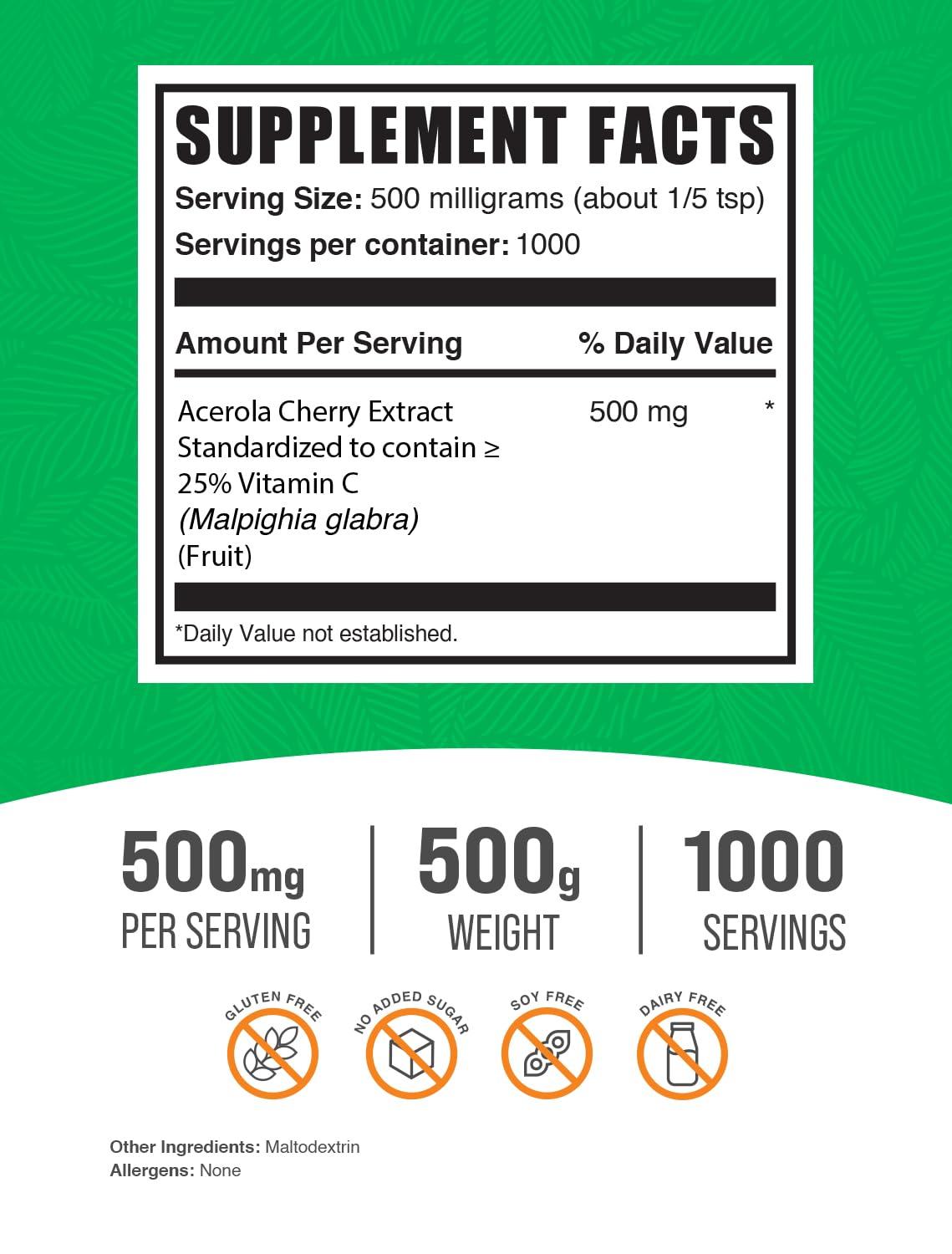 BULKSUPPLEMENTS.COM BulkSupplements.com Acerola Cherry Extract Powder - Natural Vitamin C Supplement, Acerola Cherry Powder - Vegan & Gluten Free, 500mg per Serving, 500g (1.1 lbs) (Pack of 1)