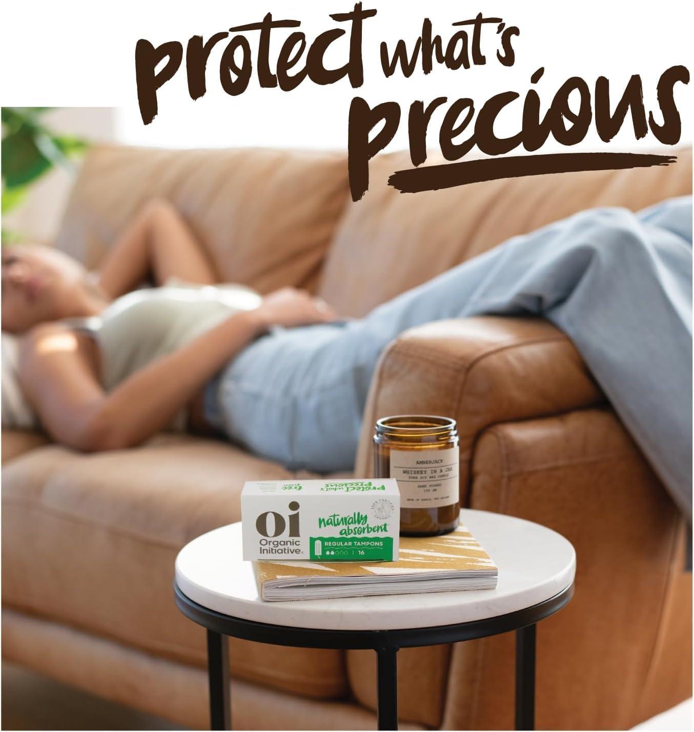 oi Oi | Organic Initiative - 100% Certified Organic Cotton Non-Applicator Tampons | Ultra-Absorbent, Unscented, Natural, Non-Toxic, Applicator Free | Regular | 64 Count