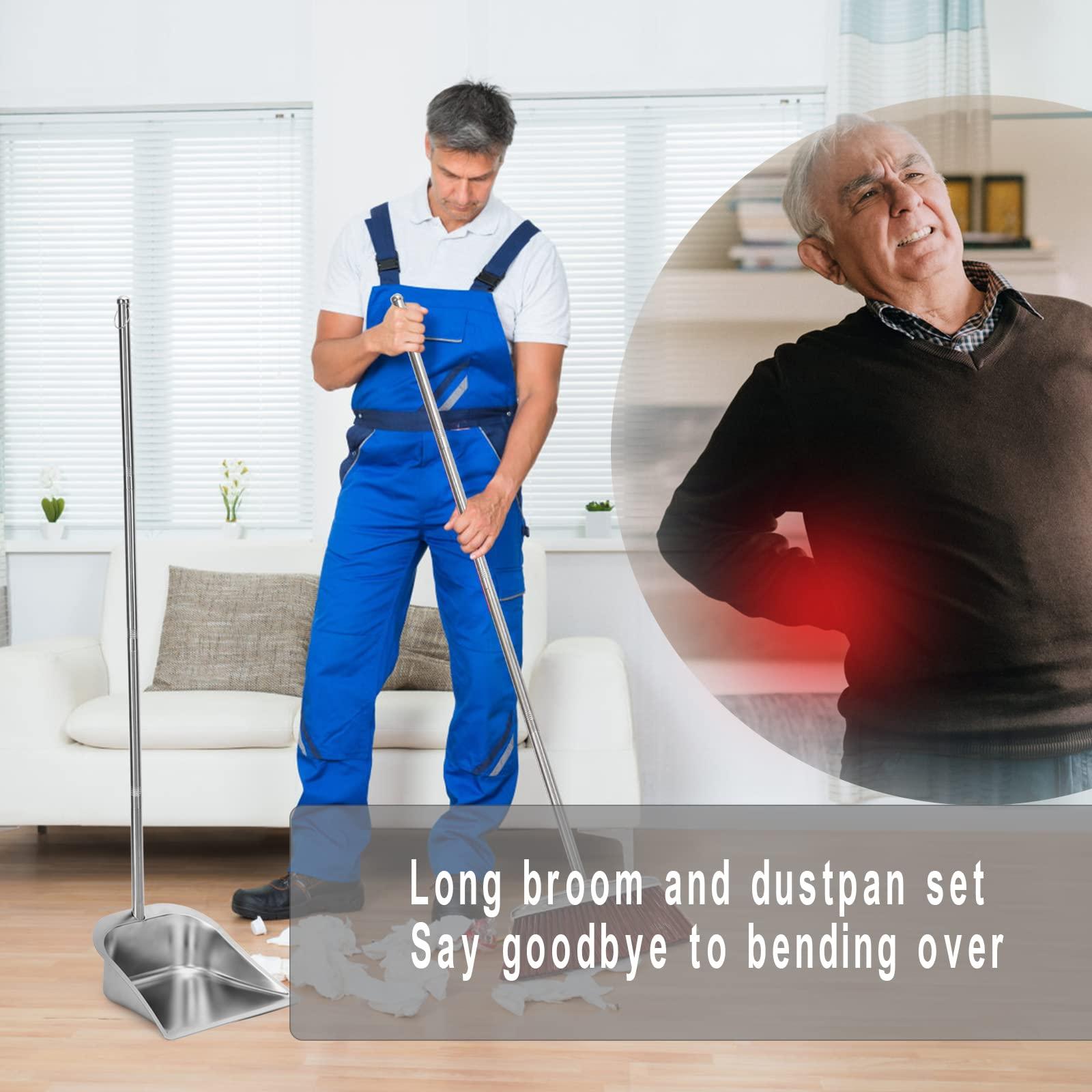 SUTINE Broom and Dustpan Set for Home, 56\" Kitchen Broom with Dustpan Combo Set, Heavy Duty Dustpan with Long Handle, Upright Metal Dust Pan Broom for Sweeping Indoor Outdoor Home Office Lobby Floor