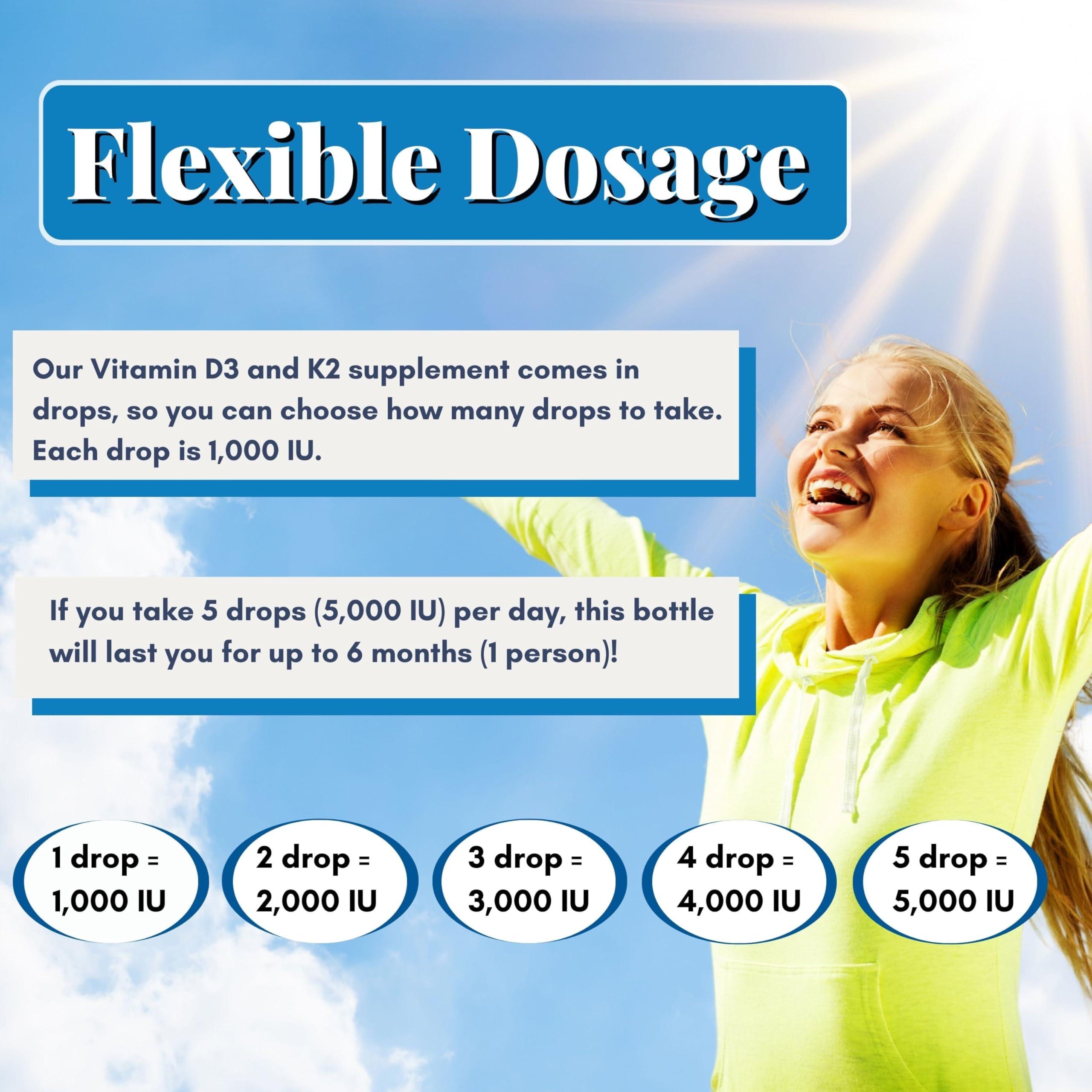 wellwe Liquid Vitamin D3 K2 Drops 5000 IU - Vegan, No Taste, No Odor, Soy-Free, Gluten Free, Non-GMO, 1000 IU per Drop, Boosts Energy Levels & Immune System, Supports Heart Health (5 Pack)