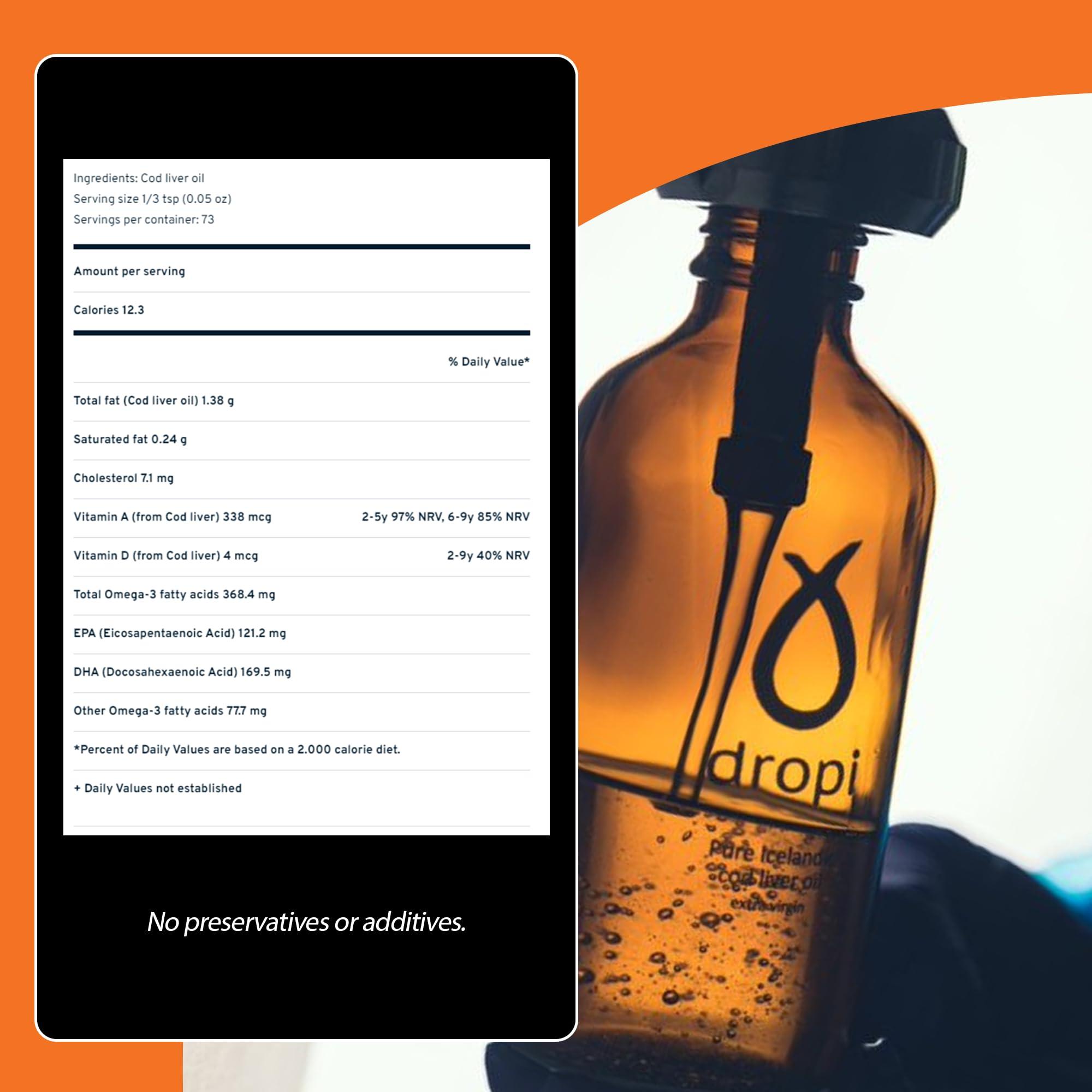 Dropi Dropi Kids Omega 3 Fish Oil Liquid - Maximum Strength Omega-3s EPA, DHA, Vitamin A & D - Extra Virgin Cod Liver Oil Food Supplement - Immune System, Brain Health & Joint Support - 3.7 Fl Oz