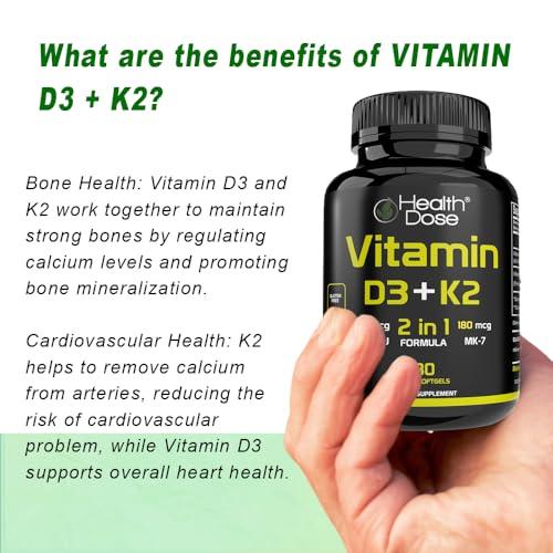 Health Dose Health Dose Vitamin D3 10,000 IU + K2 (MK7) Supplement, 2-in-1 Formula, Immune Support, a Healthy Mood, Heart, Joint, Teeth, Bone Health, Calcium Absorption, 180 softgels. (2)