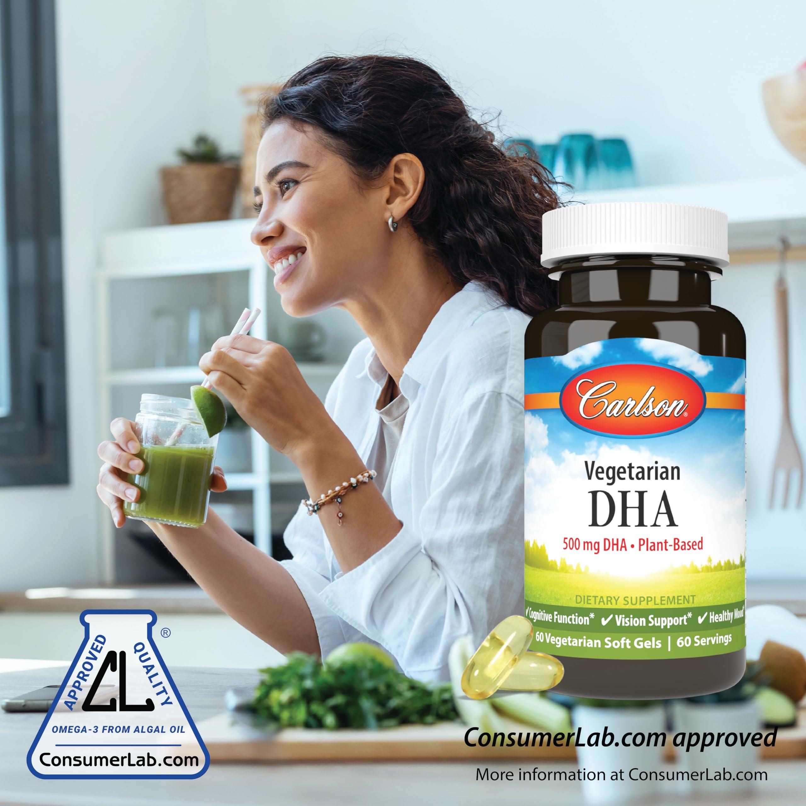 Carlson Carlson - Vegetarian DHA, 500 mg DHA, Plant Based, Sustainably Sourced from Algae, Brain Support, Mood Health, 60 Softgels