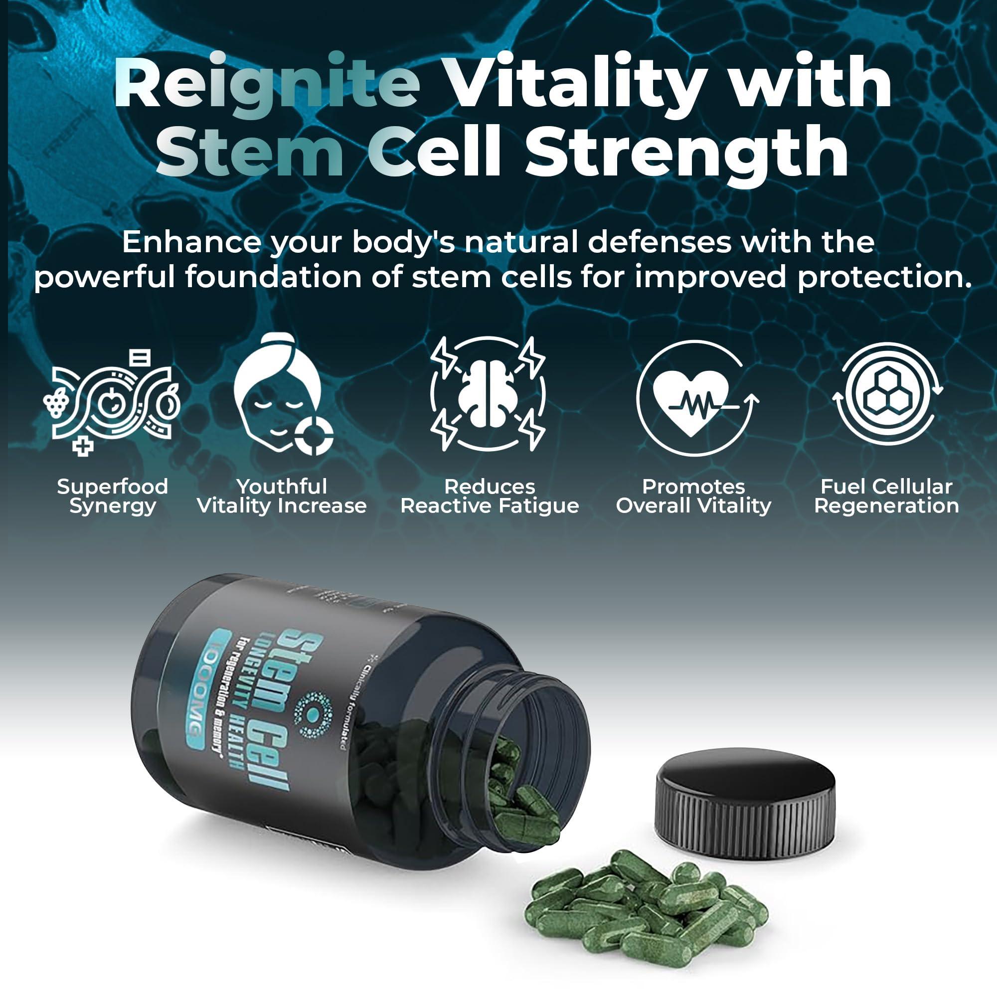 AURA VITAMINS Premium Stem Cell Supplements 1,000mg (120 Caps) Boost Immunity, Reduce Joint Soreness, Support Natural Anti-Aging & Longevity with Spirulina & Chlorella for Vitality, Celulas Madre Health Formula