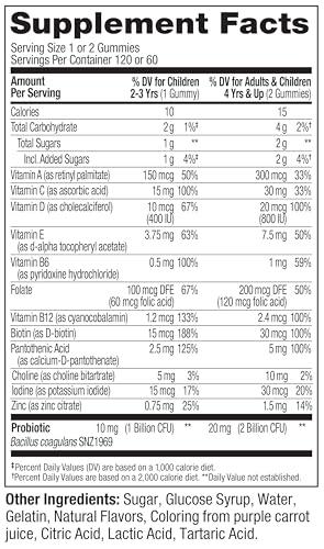 OLLY OLLY Kids Multivitamin & Probiotic Gummy, Digestive Support, Vitamins A, D, C, E, B, Zinc, Chewable Supplement, Berry Flavor, 60 day supply - 120 Count