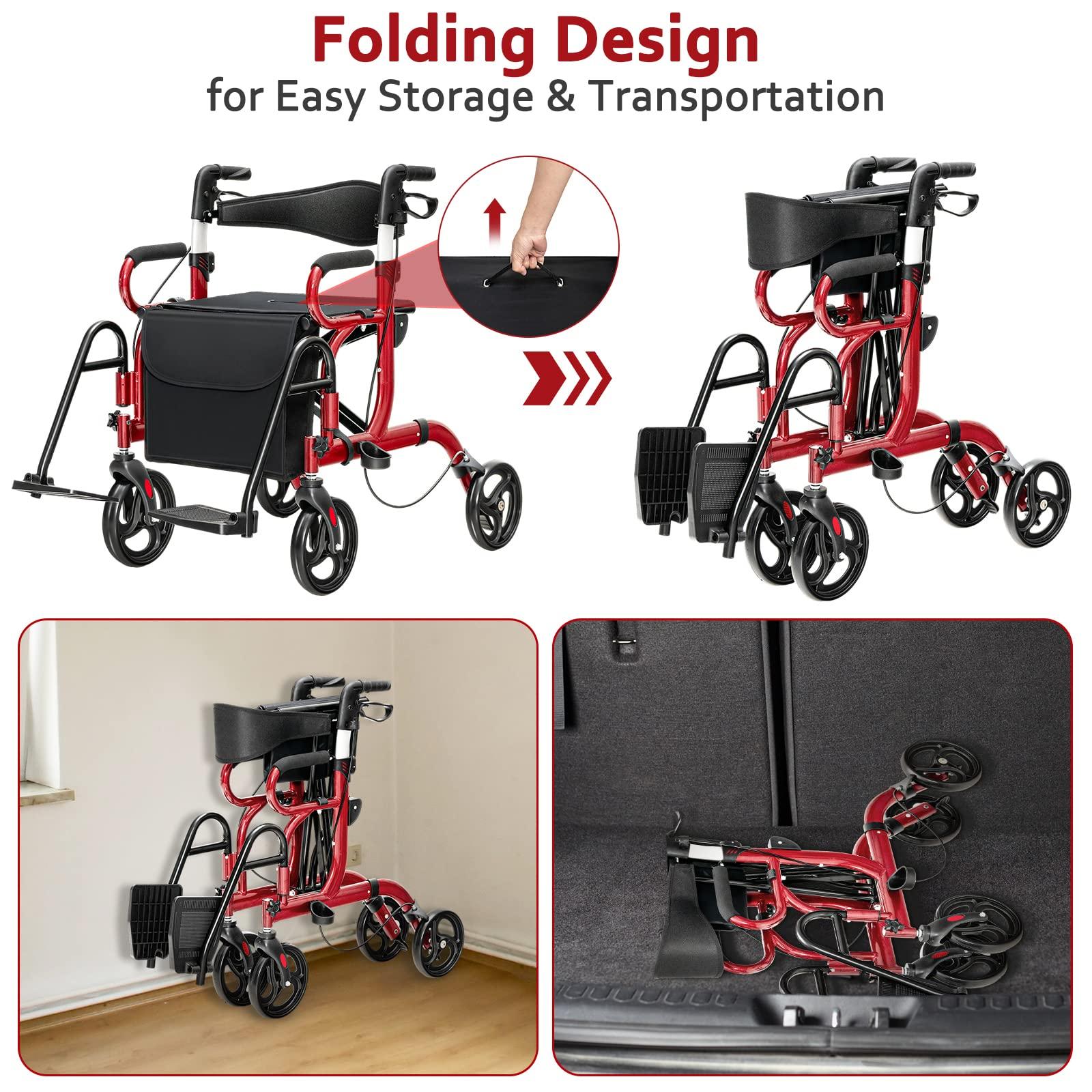 GOFLAME GOFLAME 2-in-1 Rollator Walker for Seniors, Folding Transport Chair with Seat, Reversible Backrest, Storage Bag, Height Adjustable Handle, Umbrella Holder & Pedal, 4 Wheel Mobility Walking Aid, Red