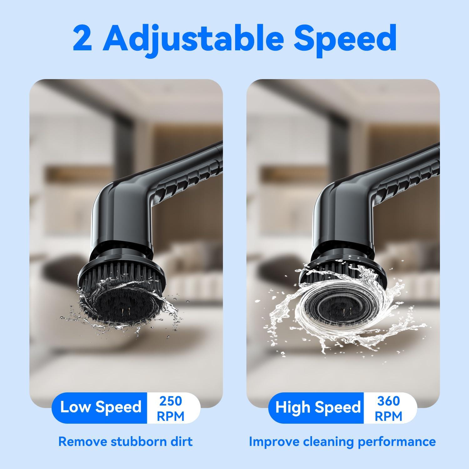 RERBIO Electric Spin Scrubber,Bathroom Cleaning Brush with Long Handle 8 Replaceable Brush Heads, 2 Adjustable Speeds, Cordless Power Cleaning Brushes for Bathtub Grout Tile Floor