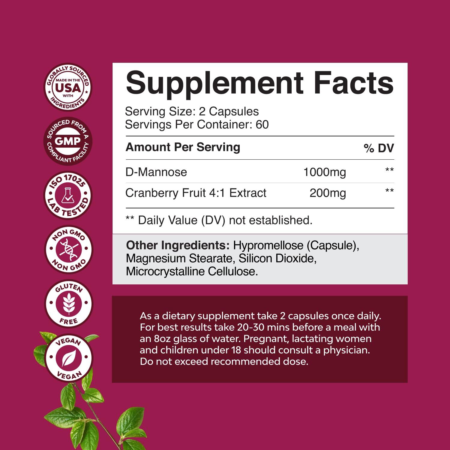 Natures Craft D Mannose with Cranberry Supplement - D Mannose 1000mg Capsules for Kidney Infection Support & Cleanse and Urinary Tract Health for Women & Men - Bladder Health Supplement for Adults - 120 Count