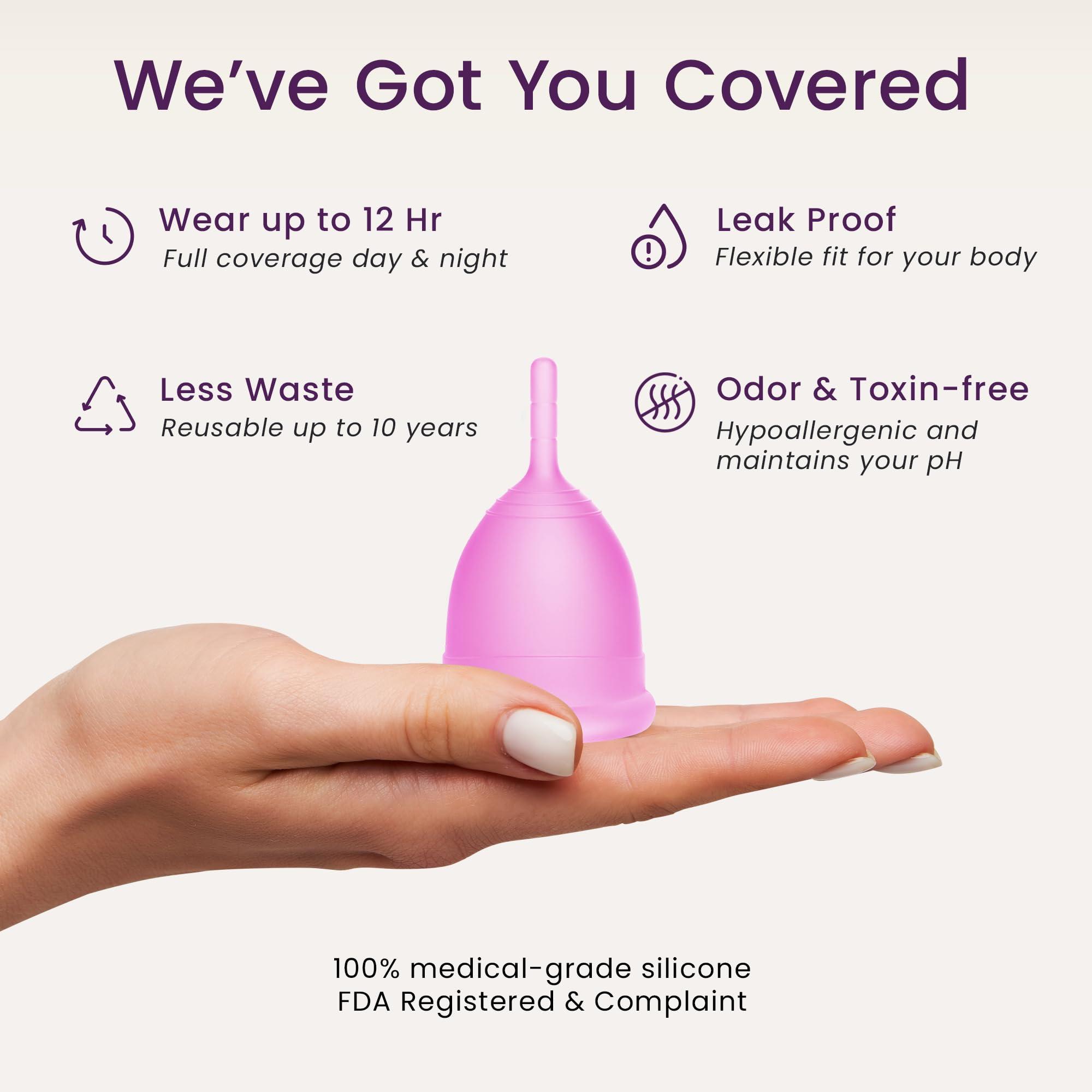 EcoBlossom EcoBlossom Menstrual Cup Kit - Tampon, Pad, and Disc Alternative Product - Wear for 12 Hours - Reusable Period Cup/Copa Designed with Soft Flexible Medical-Grade Silicone (Small & Large)