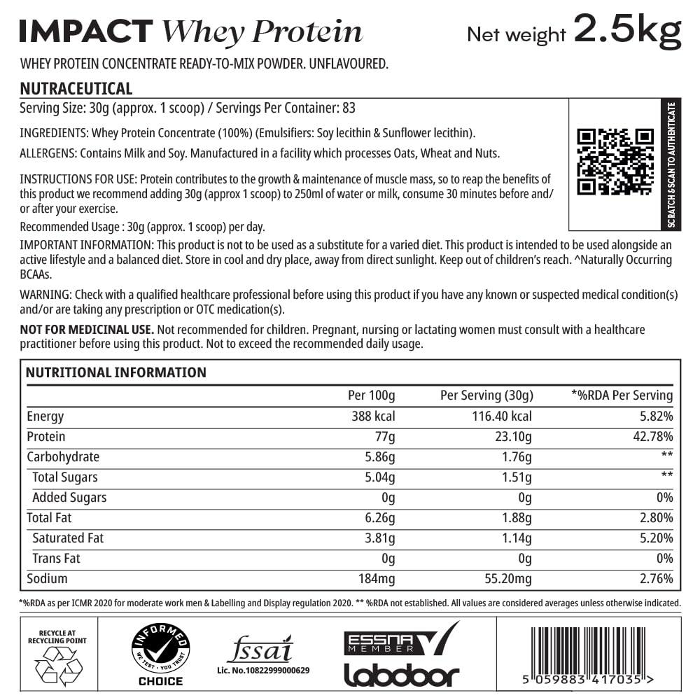 Myprotein MyProtein Impact Whey Protein, Unflavoured, Pouch, Size: 2.5kg