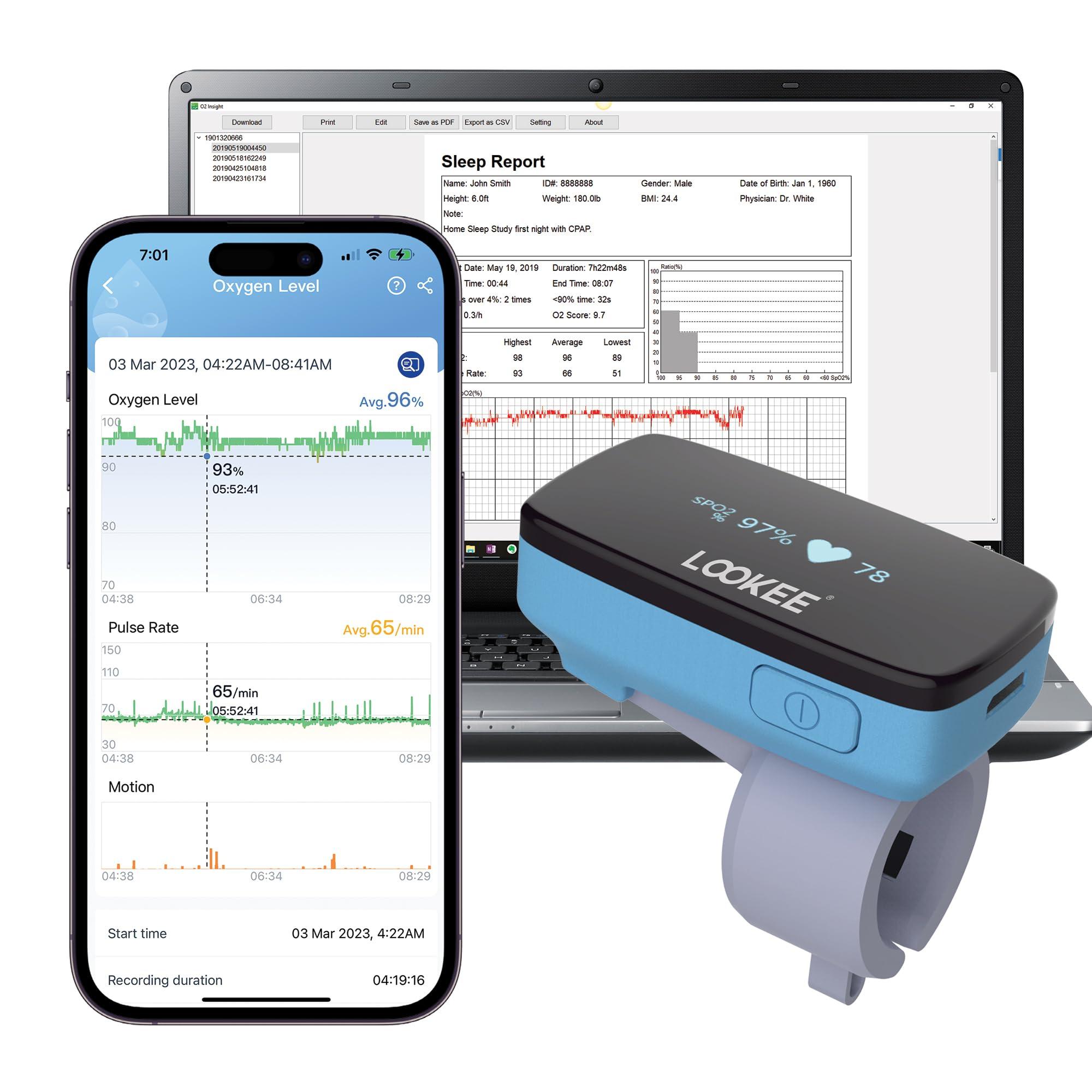 LOOKEE LOOKEE Ring-Pro Wearable Oxygen Monitor with Vibration Reminder for Low O2 | Continuous Pulse Oximeter | Rechargeable Blood Oxygen Saturation Tracker for SpO2 & PR, Free APP & PC Reports