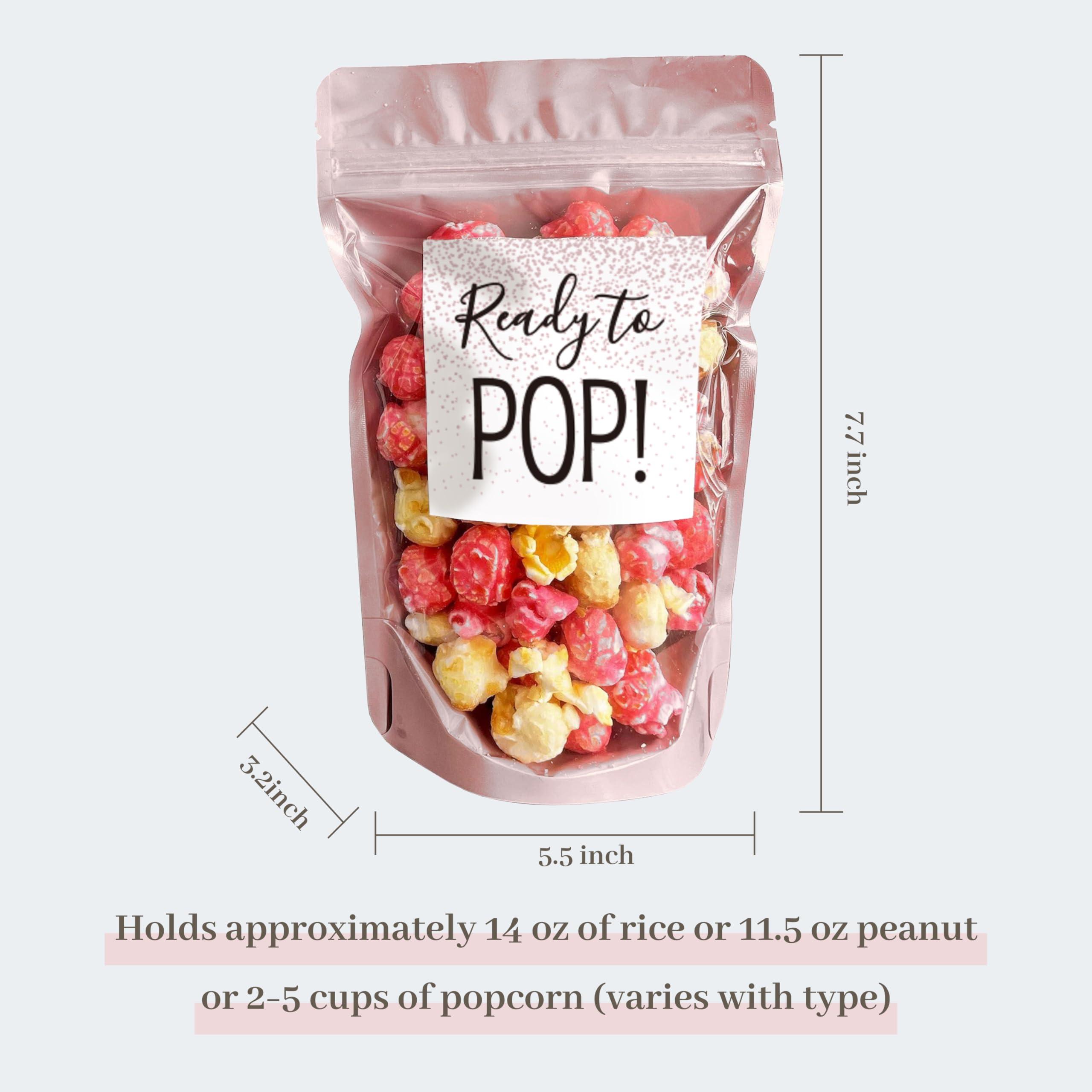 Puremigo 50 Pack Luxury Ready Pop Popcorn Bags Baby Shower, Pink Popcorn Bags, Stand up Zip Pouches Treat Bags, Popcorn Baby Shower Favors, 5.5 x 7.7 x 3.2inch