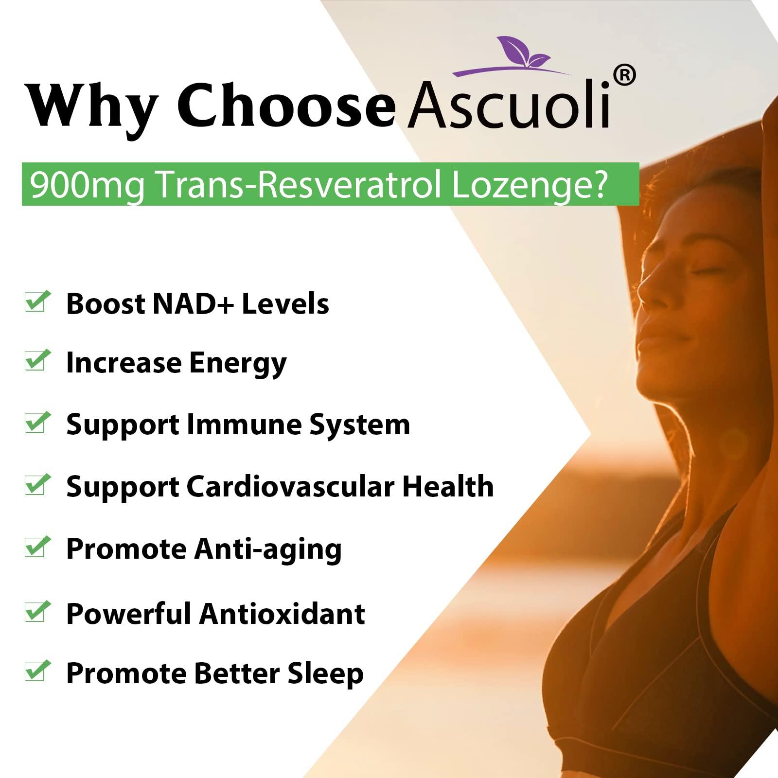 Ascuoli Sublingual Trans-Resveratrol Purity 99%, 3-in-1 Advanced Formula Resveratrol Supplement for Boost NAD+, Immune & Energy Support, Anti-Aging, Skin Health & Antioxidant, 240 Lozenge (240-Day Supply)