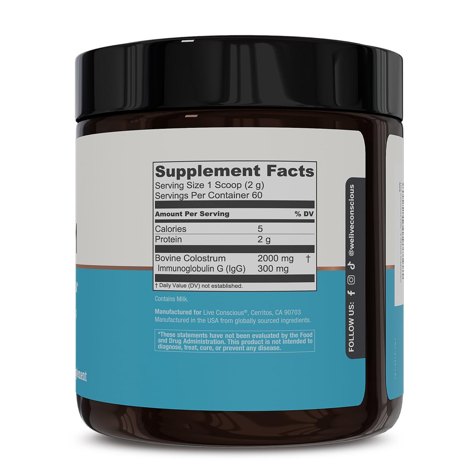 Live Conscious Live Conscious Colostrum Powder - Grass Fed Colostrum Supplement with Lactoferrin for Iron Absorption - Bovine Colostrum an Immune System Supplement