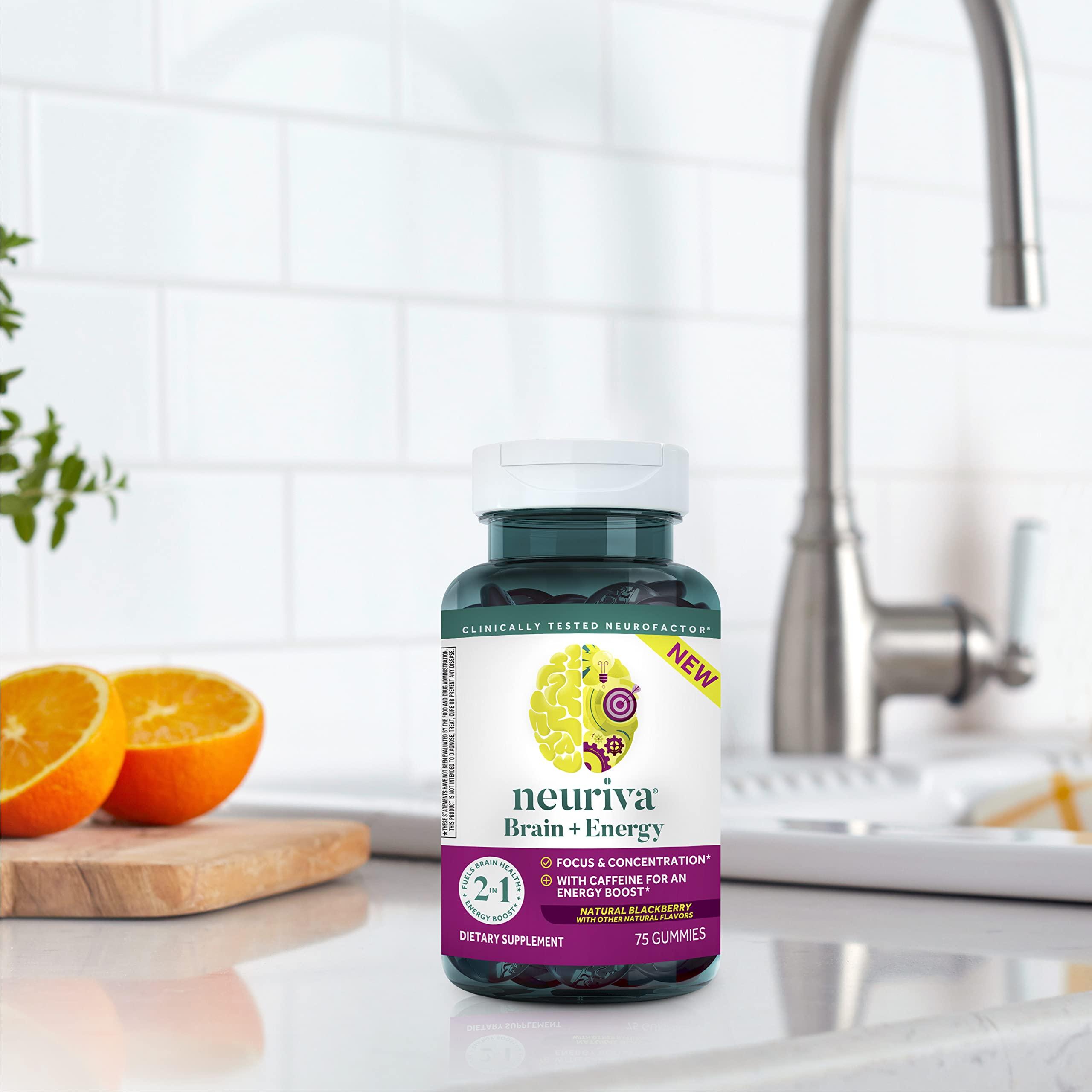 NEURIVA NEURIVA Brain + Energy Gummies, Nootropic Brain Supplements for Focus and Concentration with Neurofactor, Vitamin B12 & Caffeine for an Energy Boost*, 75ct Natural BlackBerry
