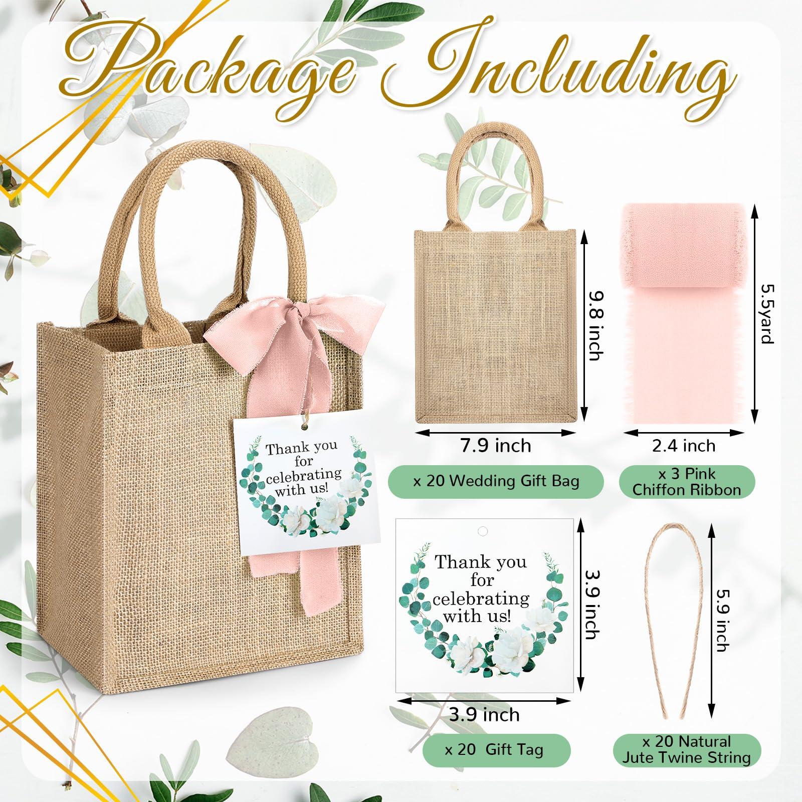 GliCraft GliCraft 20 Pack Burlap Tote Bags with Handles Reusable Jute Gift Bags Thank You Gift Tags Chiffon Silk Ribbons for Wedding Invitations Parties and Baby Showers Bridesmaid(Pink)