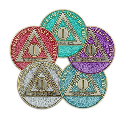The Token Shop 1 Year Sobriety Coin | Glitter Triplate AA Chip Recovery Anniversary Token (Silver)