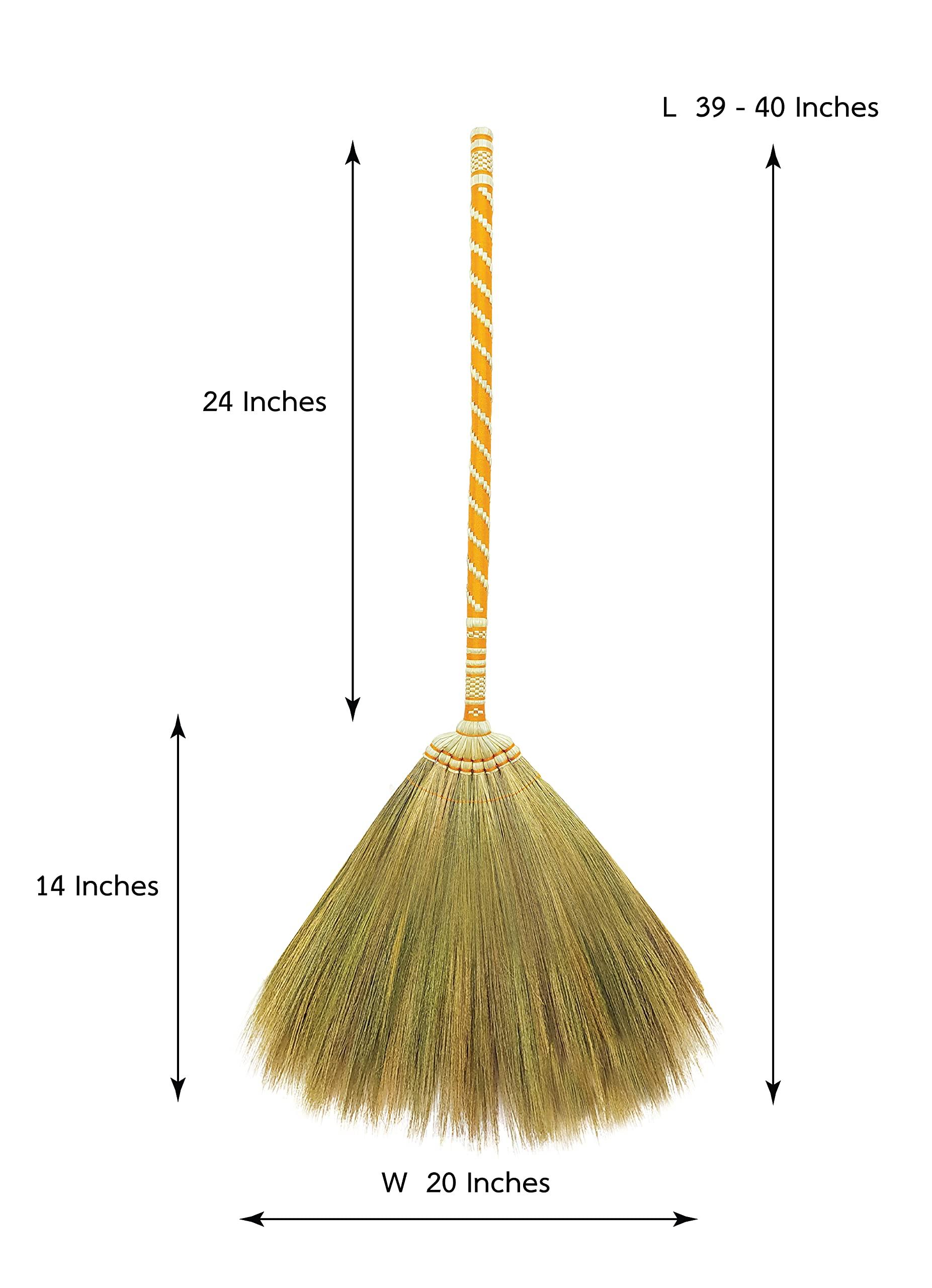 AW BROOMS Asian Straw Broom Thai for Cleaning Floor,Housewarming Gift,Thai Vintage Retro Grass Broom Stick, Hardwood Sweeper with Brush Power and Circle Cleaning ( Length 40 inch )