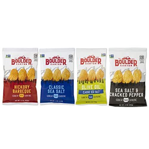 Boulder Canyon Boulder Canyon Kettle Style Potato Chips Variety Pack, 24 Count, Assorted 1.5oz. Bags, Olive Oil Classic Sea salt, Hickory BBQ, Sea Salt & Cracked Pepper, Classic Sea salt