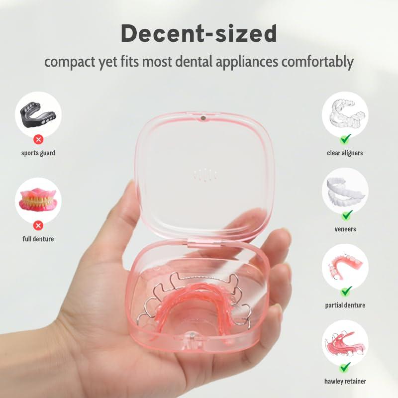 Maobuli Transparent Slim Retainer Case, Small Aligner Case for Travel, Compact Night Guard Case with Vent Holes, Fancy Retainer Holder Compatible with Invisalign(Pink)