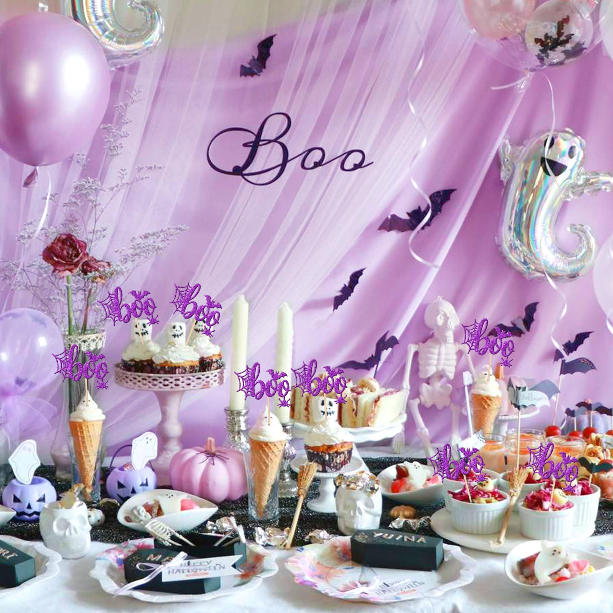 ZHUOWEISM 24 PCS Halloween Boo Cupcake Toppers Glitter Spider Web Bat Cupcake Picks for Halloween Boo Theme Baby Shower Birthday Party Cake Decorations Supplies Purple