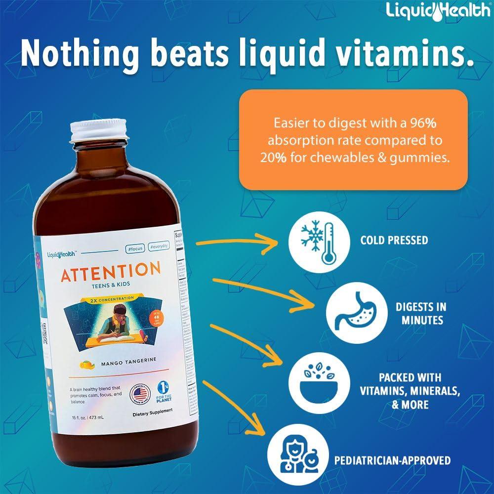 LIQUIDHEALTH LIQUIDHEALTH Children\'s Complete Multivitamin & Attention Teens & Kids Liquid Vitamin Bundle for Children - Whole Body Health, Immune Support, Improve Focus, Concentration, Boost Mood - Vegan, Non-GMO