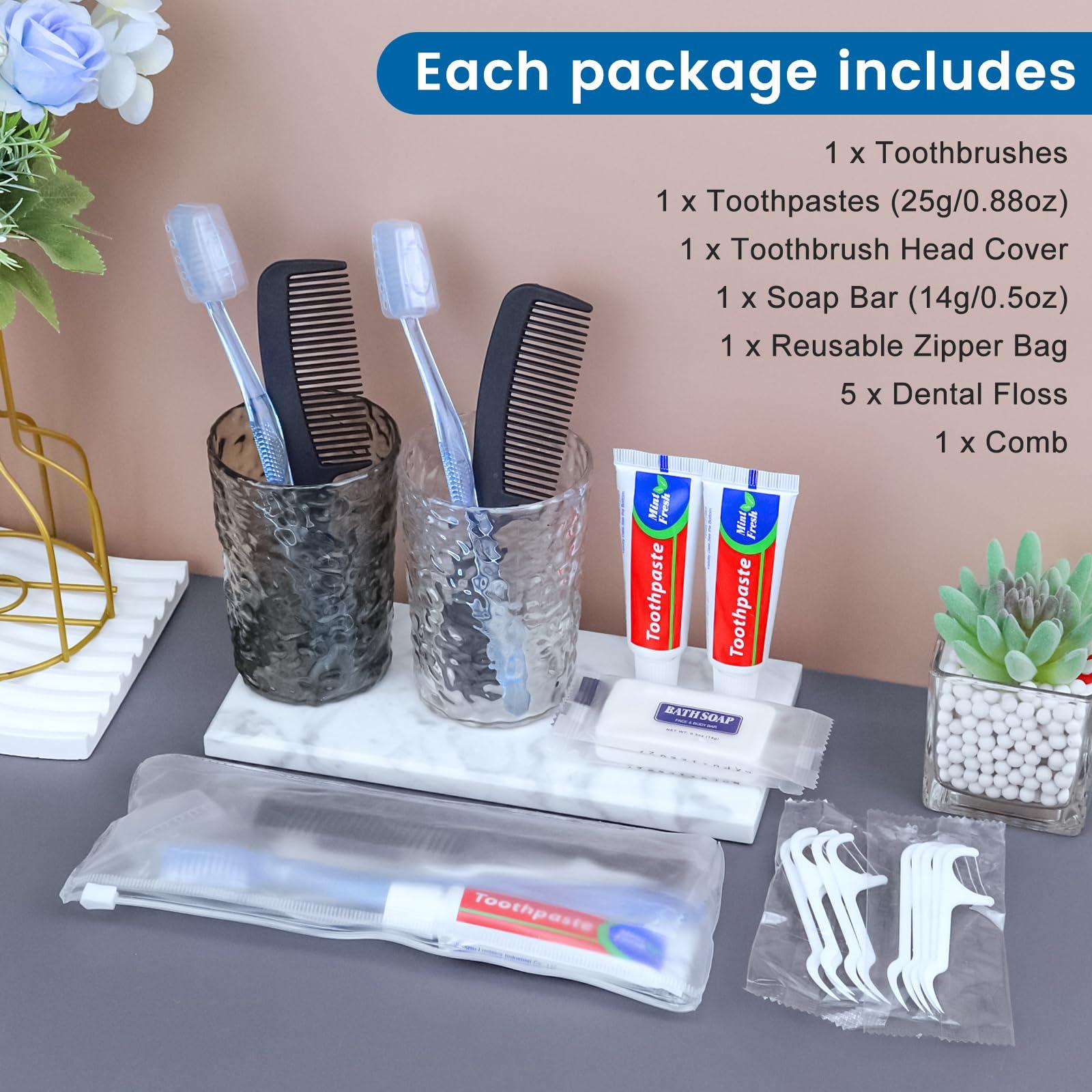 HQSLsund HQSLsund 25 Sets Personal Hygiene Kit, Disposable Toothbrushes with Toothpaste Floss Comb Soap and Cover, Toiletry Kits Homeless Bulk for Women,Men,Travel