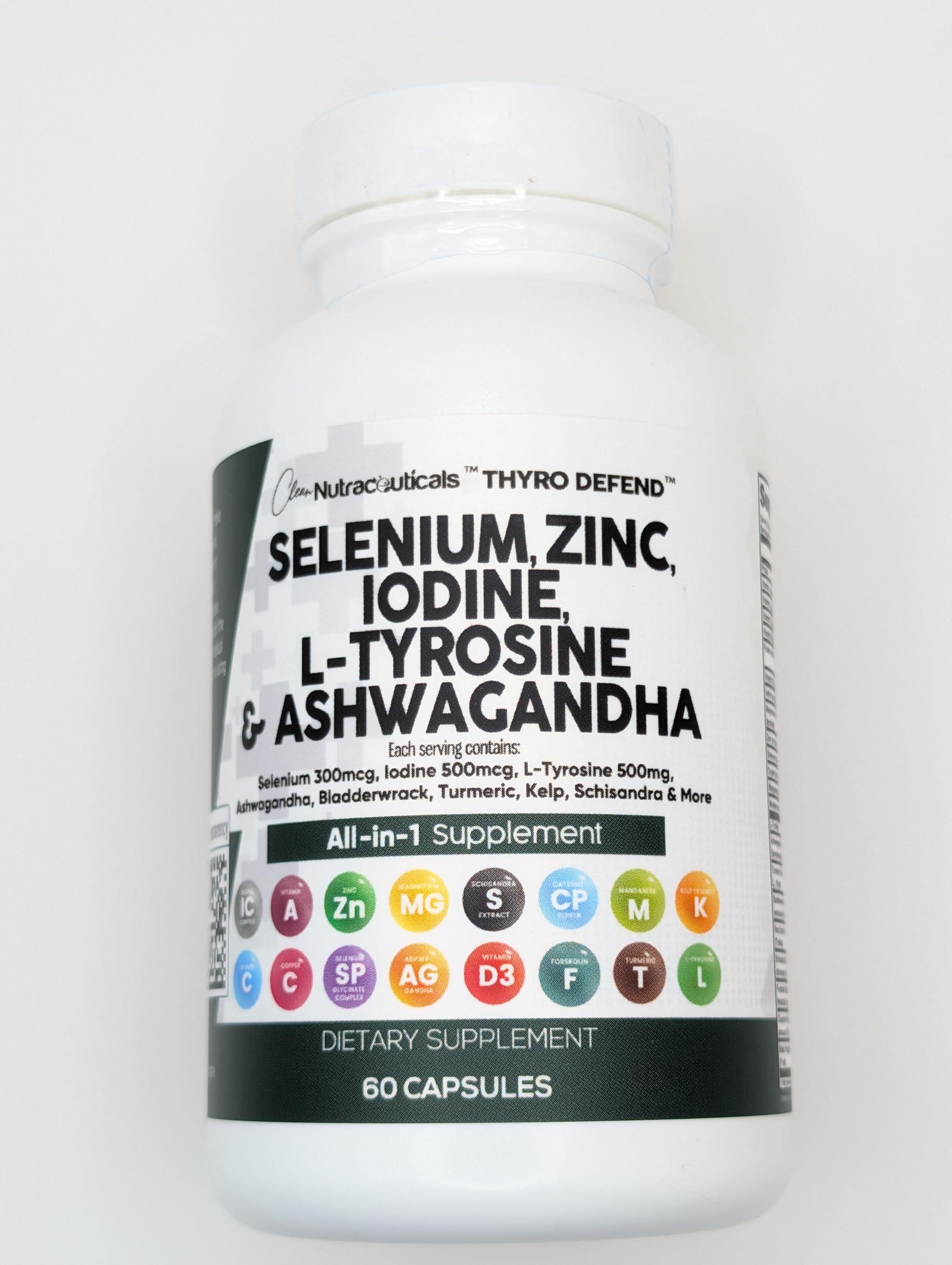 Clean Nutraceuticals Clean Nutra Selenium 300mcg Iodine 500mcg Thyroid Support for Women & Men | L Tyrosine 500mg Ashwagandha Supplement Bladderwrack, Turmeric, Kelp, Schisandra Zinc Pills Capsule Supplements