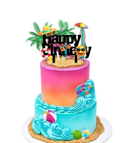 MUJUPOWL Funny Summer Happy Birthday Cake Topper Cartoon Beach Party Theme Happy Birthday Cake Topper for Kid's Adults Seaside Birthday Cake Topper (Beach)