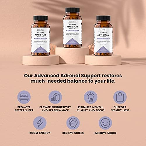 BeautiBe Adrenal Support for Women & Men Cortisol Manager Natural Stress Relief Supplement - Adrenal Fatigue, Mood Health, and Energy Supplements with Ashwagandha & L-Tyrosine 60 Non-GMO Veggie Capsules