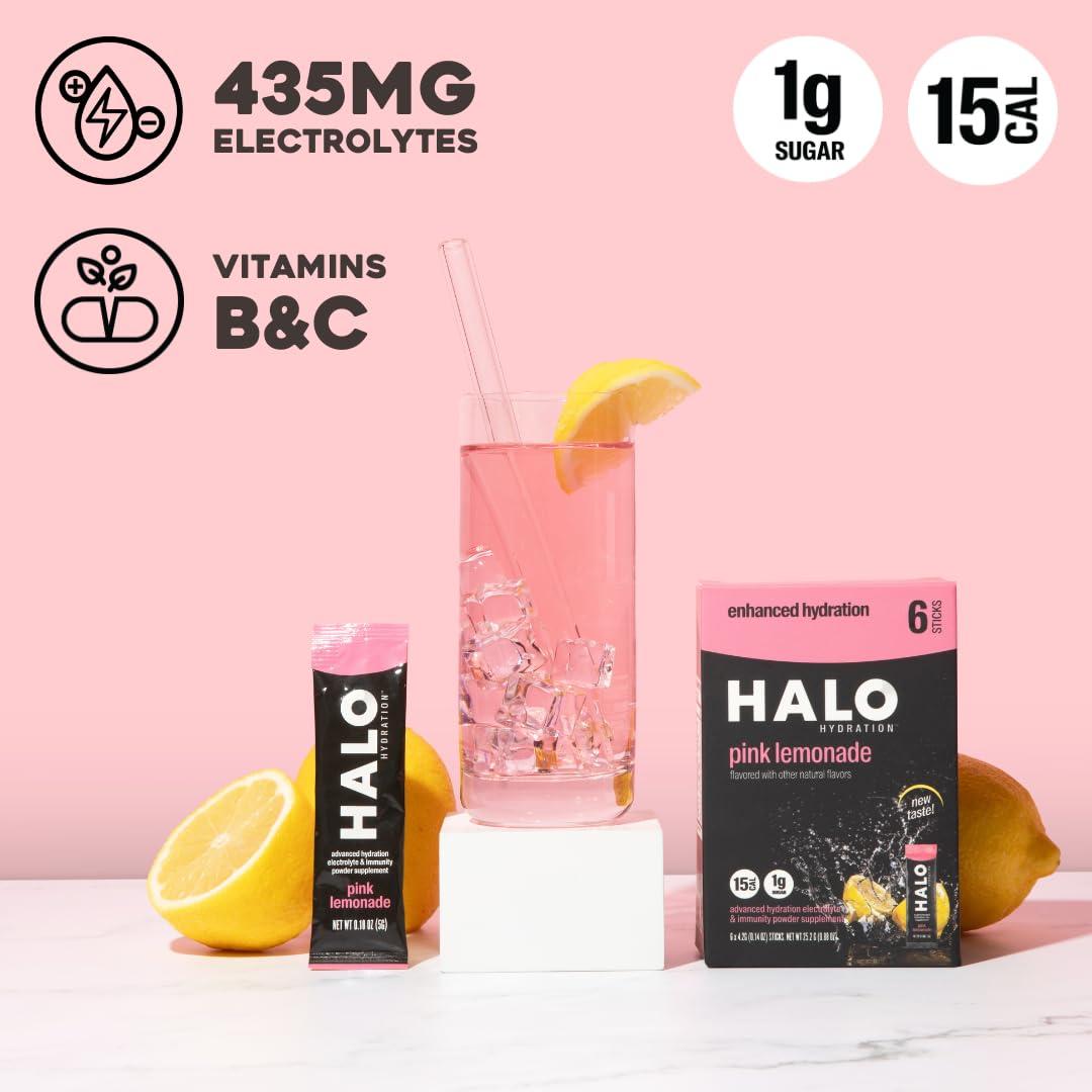 HALO Sport Halo Hydration - Electrolyte Drink Mix | Hydration Powder Packets | Pink Lemonade Flavor for Sports and Cycling | Easy Open Single Serving Stick | 6 Sticks