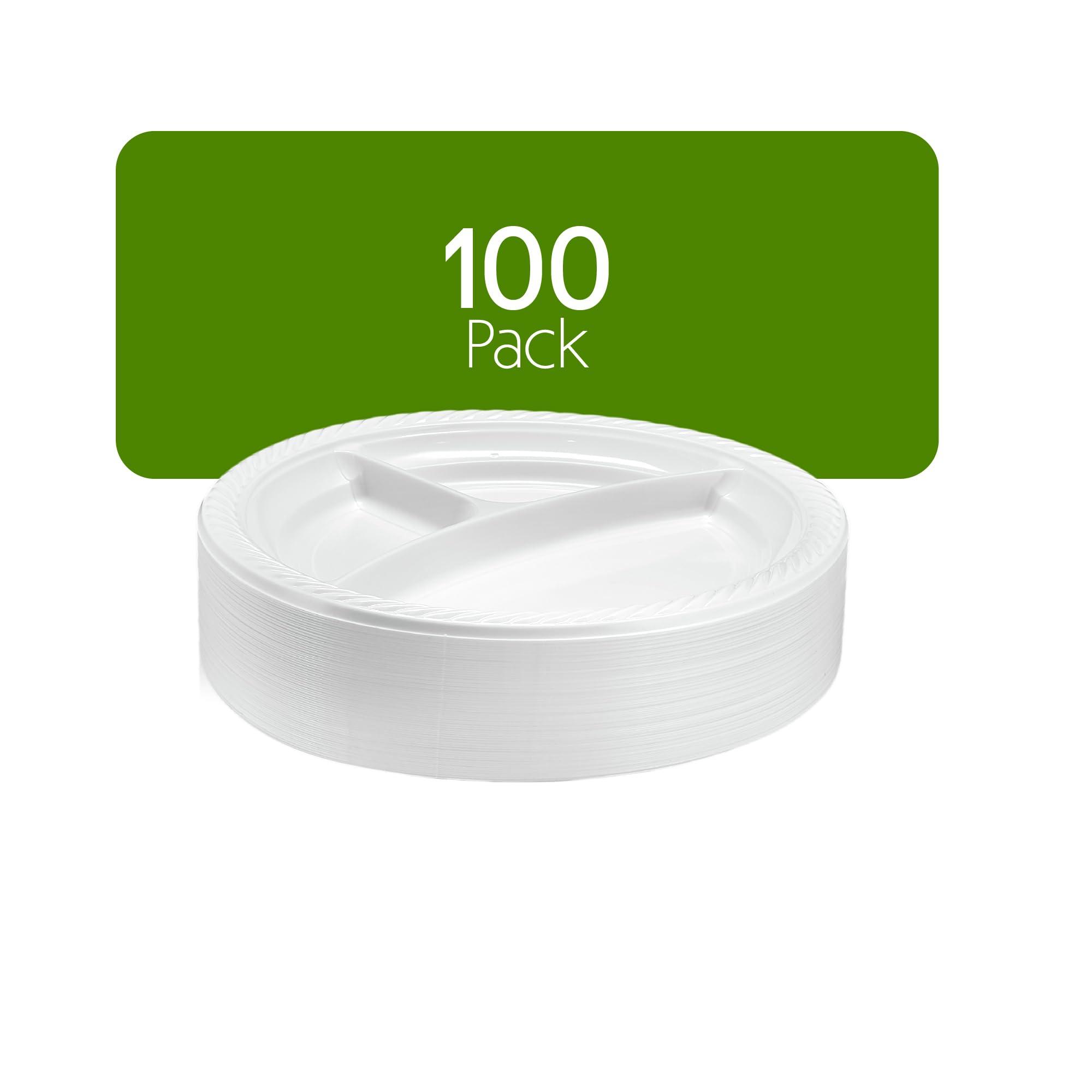 PLASTICPRO PLASTICPRO 9 inch Round Plastic Plates 3 Compartment - 3 Section Plates Microwaveable, Disposable, White, Dinnerware 100 Count