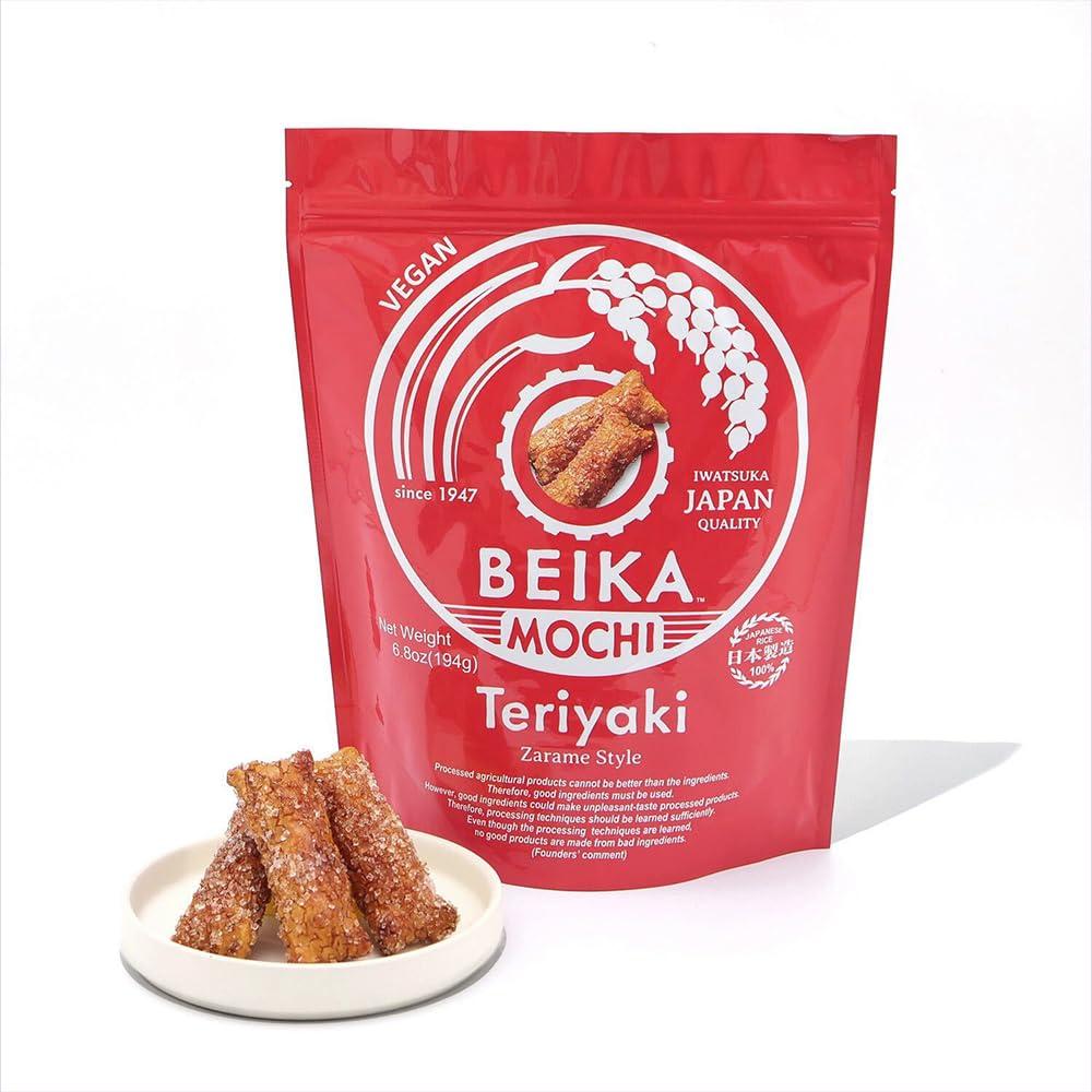 BEIKA MOCHI [Beika Mochi] Teriyaki Flavor Japanese Rice Mochi Snack | Zarame Style | Vegan | Made with 100% Japanese Rice, Soy Sauce and Sugar (194g)