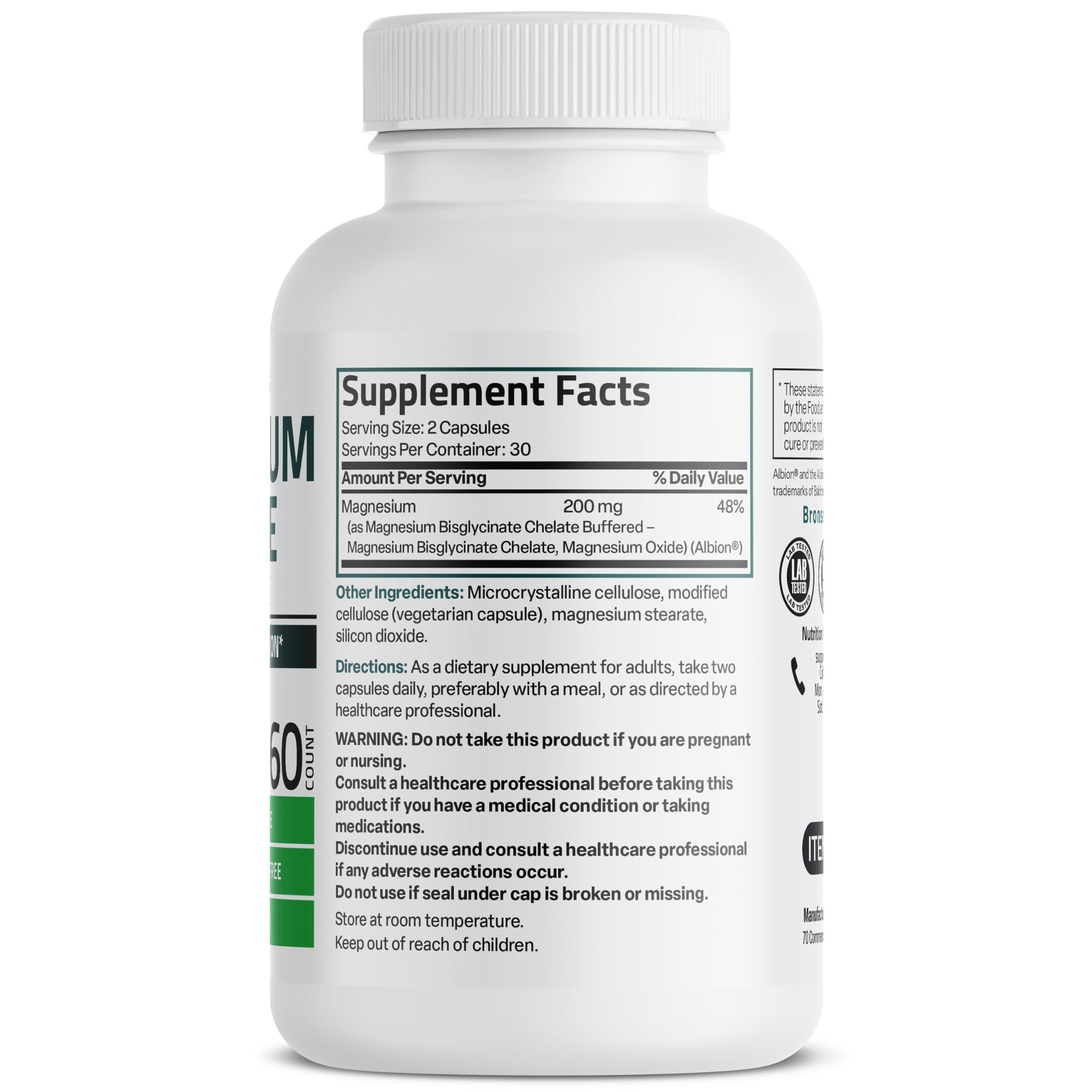 Bronson Bronson Magnesium Glycinate 200 MG per Serving Chelated for High Absorption, Gentle On Stomach, Non-GMO, 60 Vegetarian Capsules